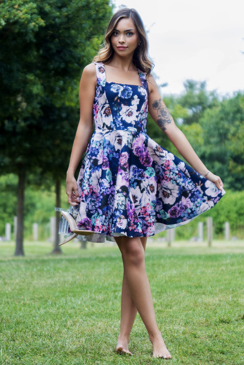 Scuba Foam Floral Skater Mini Dress - Navy DR3509