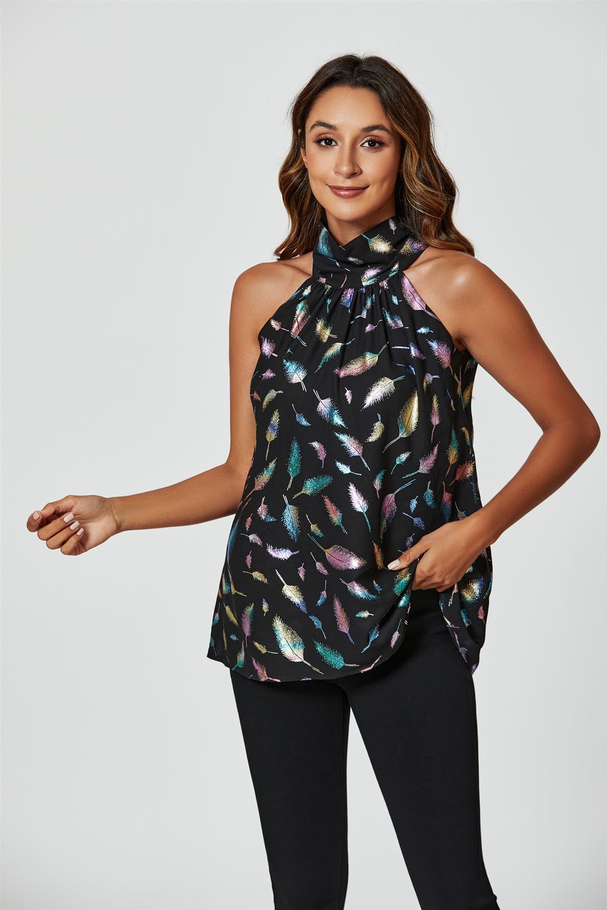 Rainbow Leaf Foil Star Halter Neck Tie Back Top In Black FS557-RainbowLeaf