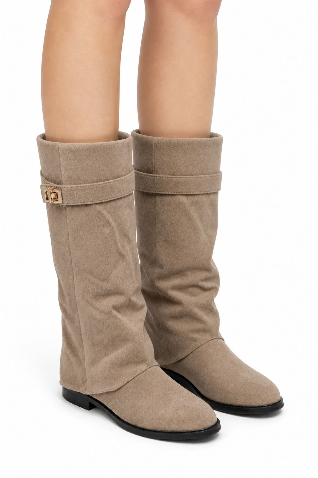 Isley Round Toe Gold Trim Buckle Fold Over Knee High Boots In Taupe Suede WISPA15-TAUSU