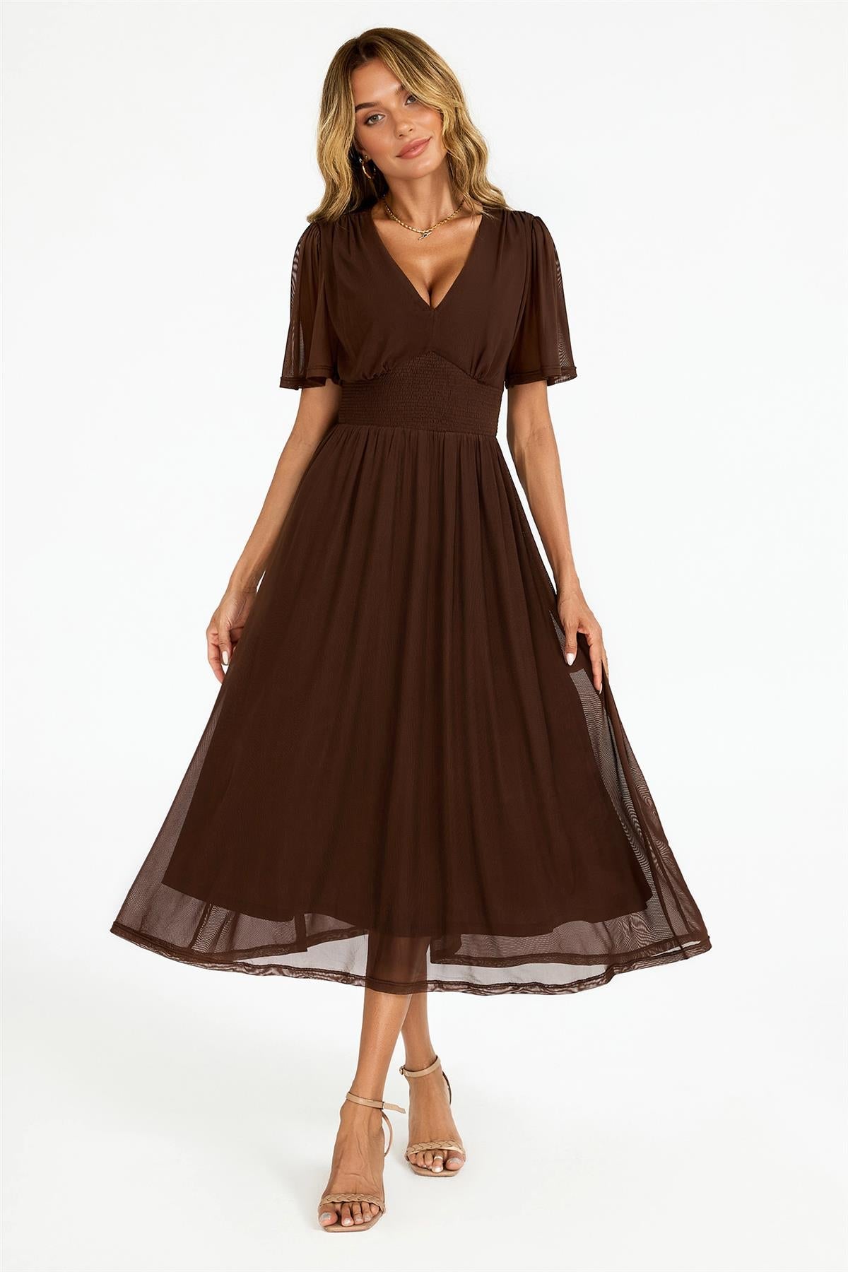Flutter Sleeve Mesh Midi Dress In Brown FS972
