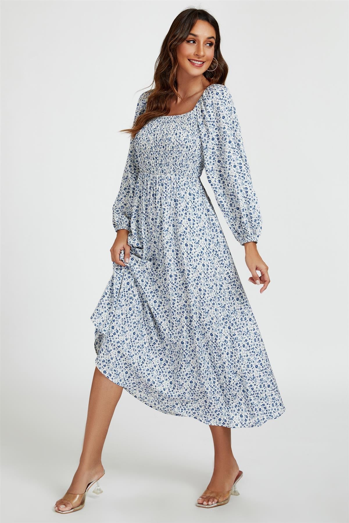 Floral Print Square Neck Maxi Dress In Light Blue FS794-LBLF