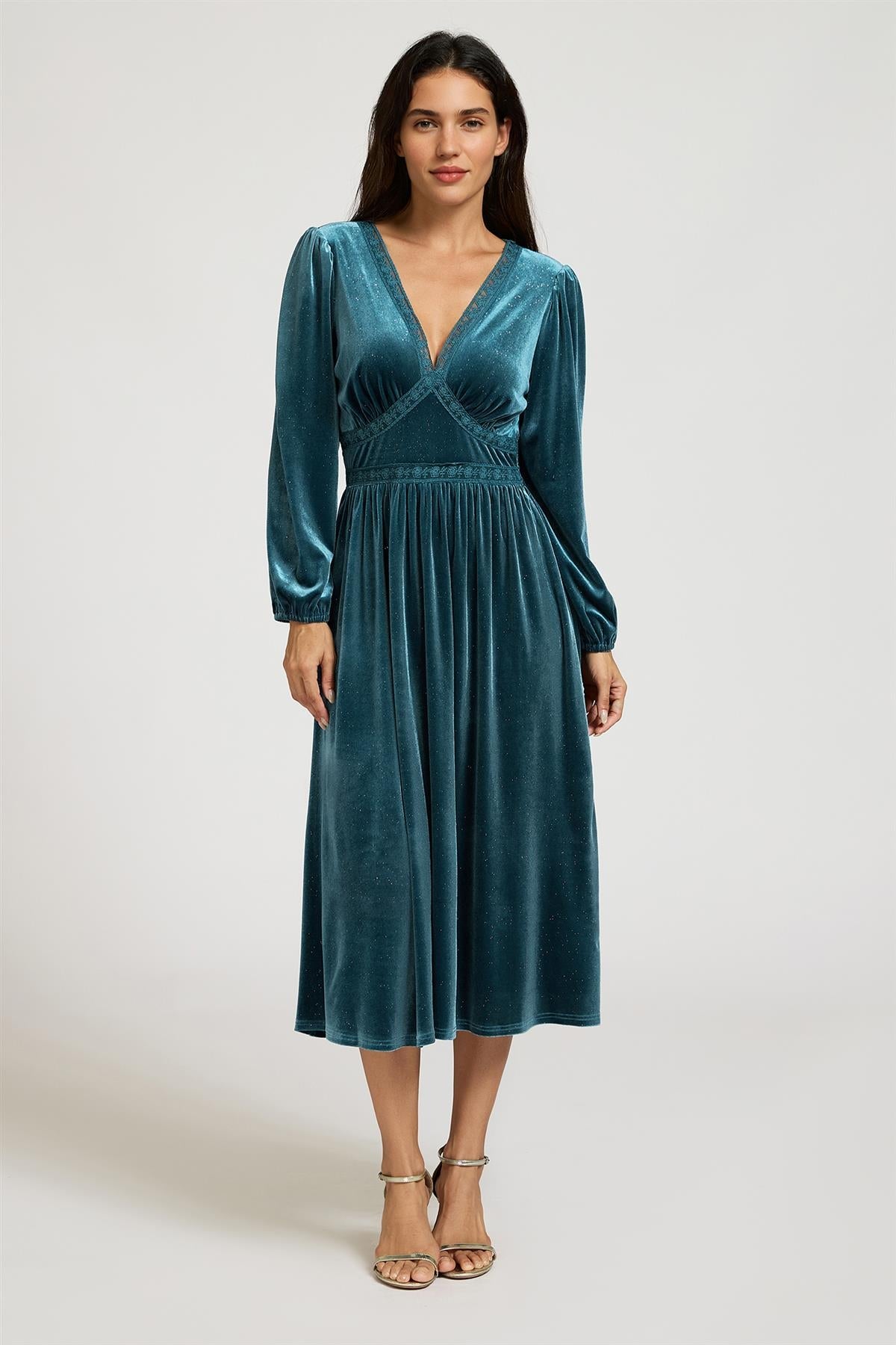 Silver Foil Velvet Lace Trim Neckline Midi Dress In Teal FS906