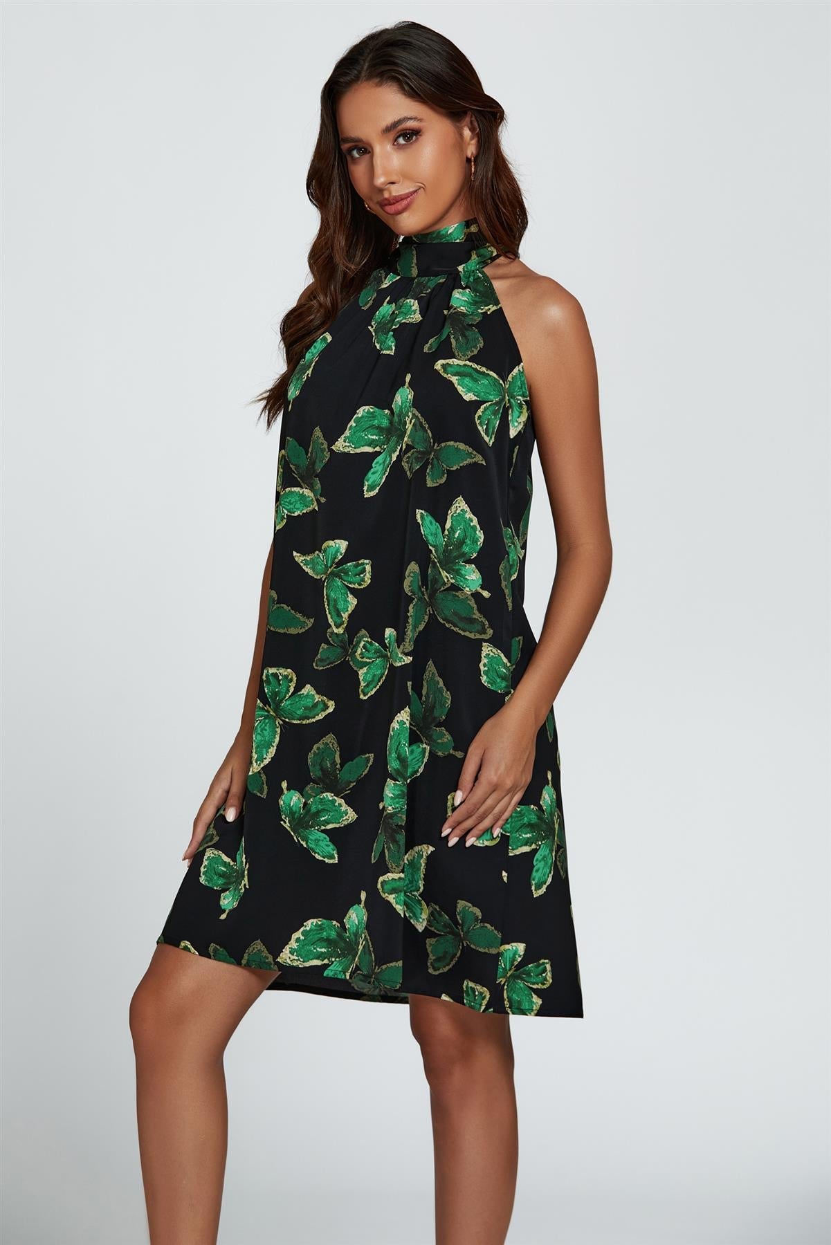 Butterfly Print Halter Neck Tie Back Mini Dress In Green FS455-GB