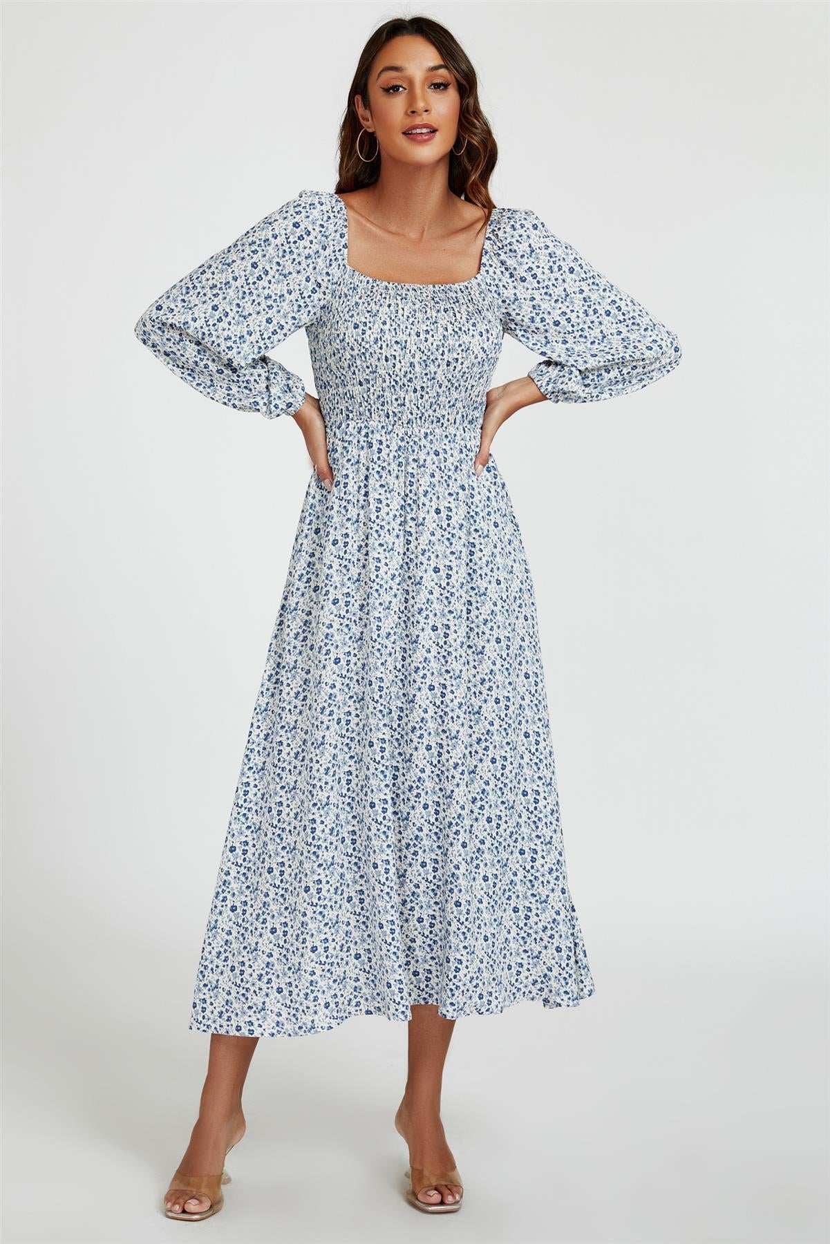 Floral Print Square Neck Maxi Dress In Light Blue FS794-LBLF