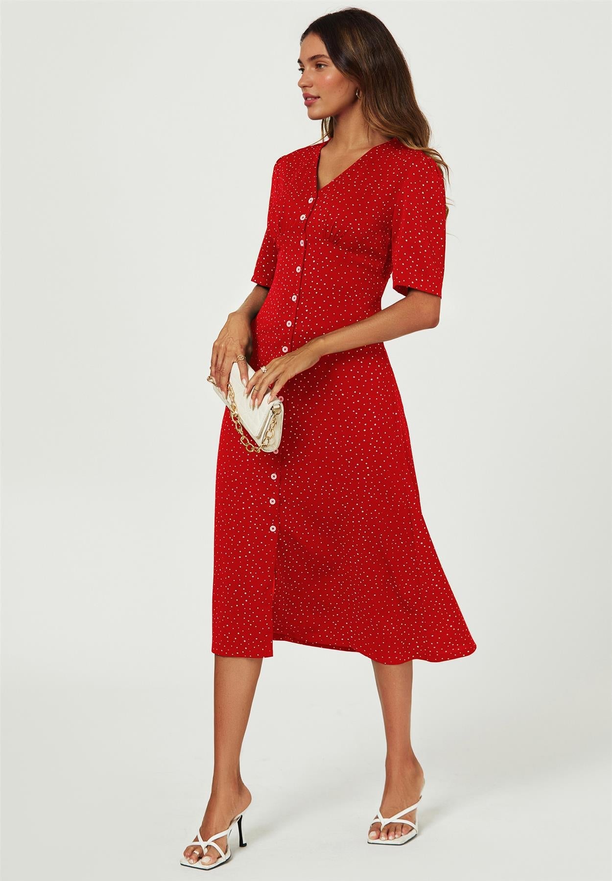 Dot Print Button Front Midi Dress In Red FS707-RedDot
