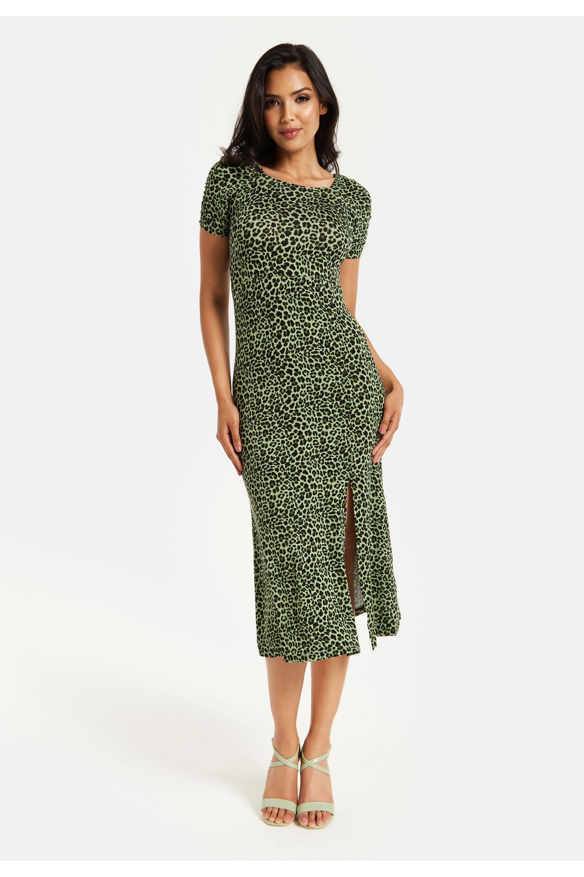 Fitted Midi Dress In Khaki Animal Print TRDR009