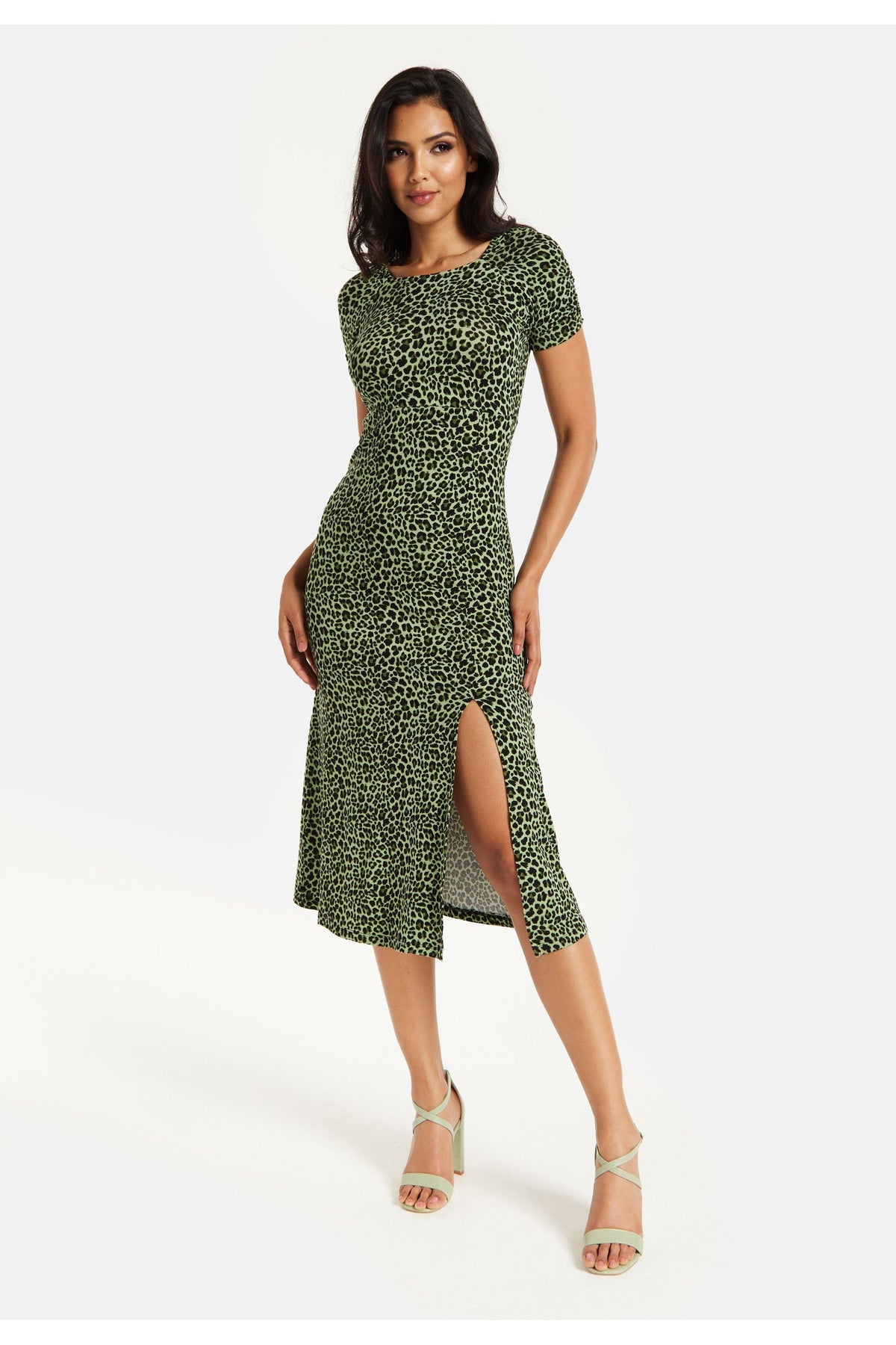 Fitted Midi Dress In Khaki Animal Print TRDR009