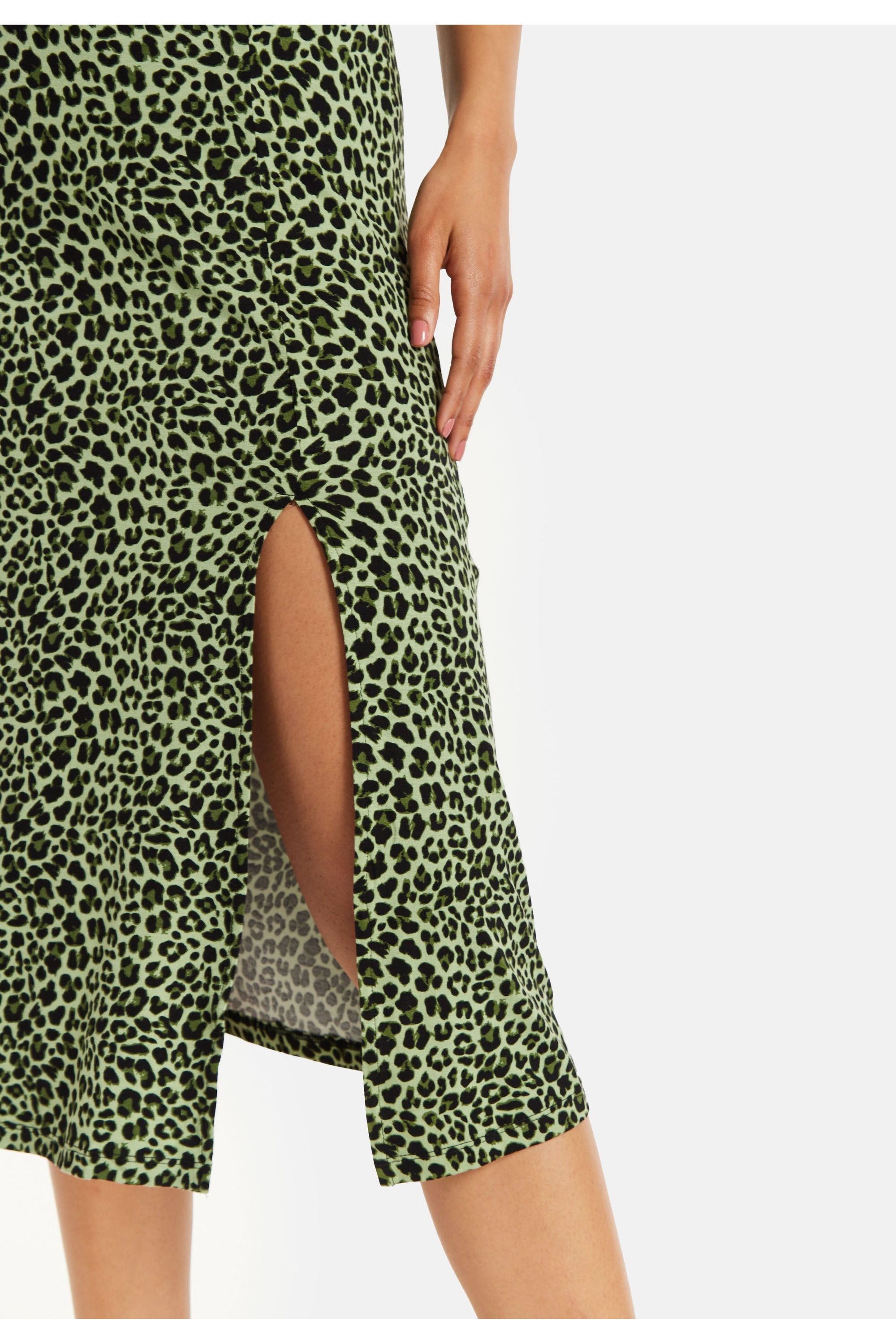 Fitted Midi Dress In Khaki Animal Print TRDR009