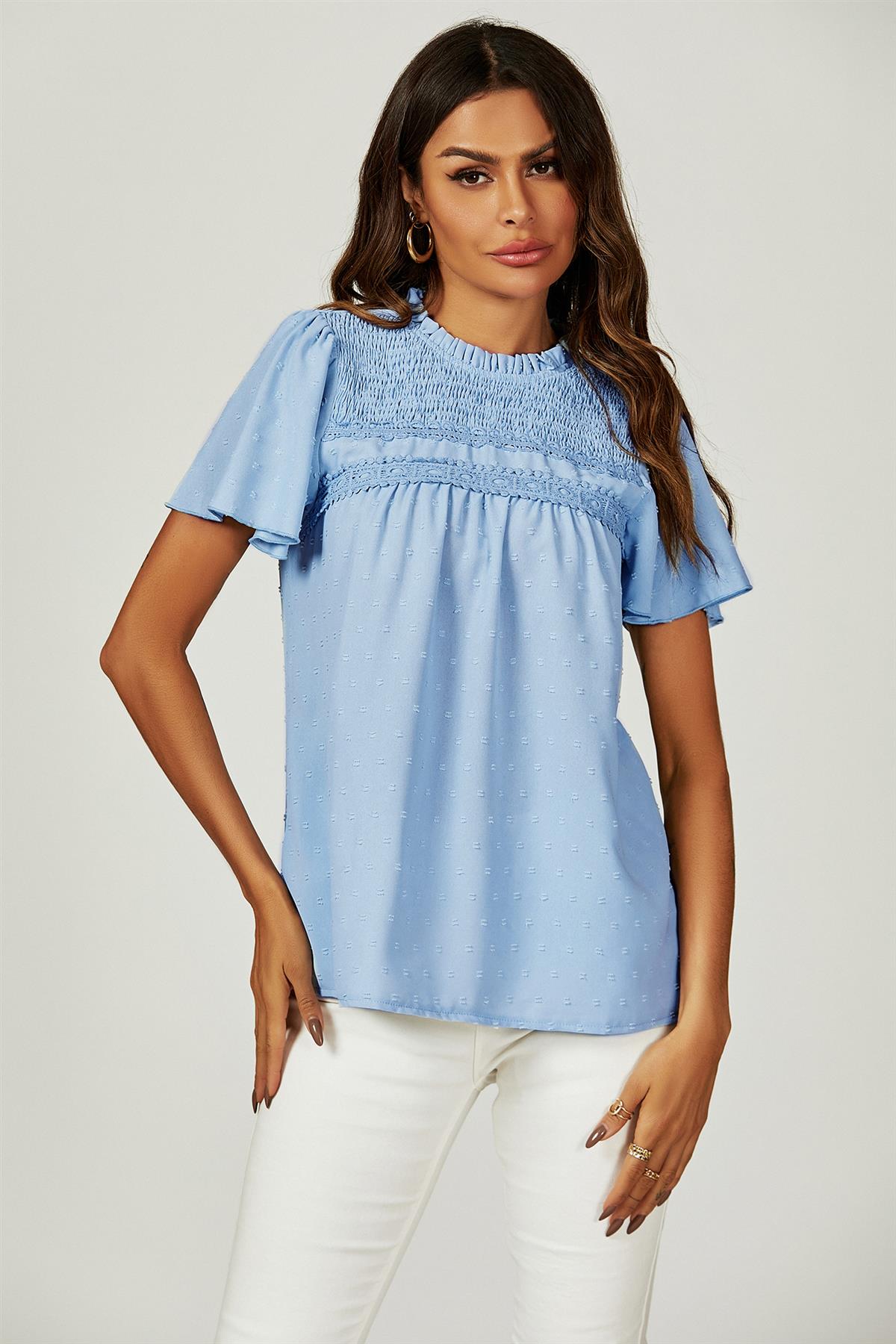 Lace Detail Short Sleeve Blouse Top In Blue FS646