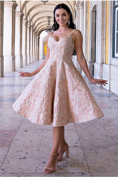 Jacquard Sleeveless A-line Midi Dress - Blush Pink | Goddiva Jacquard Sleeveless A-line Midi Dress - Blush Pink | Goddiva