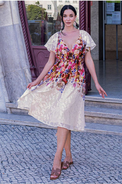 Ivory - Floral Flutter Sleeve Wrap Midi Dress - Ivory by Goddiva
