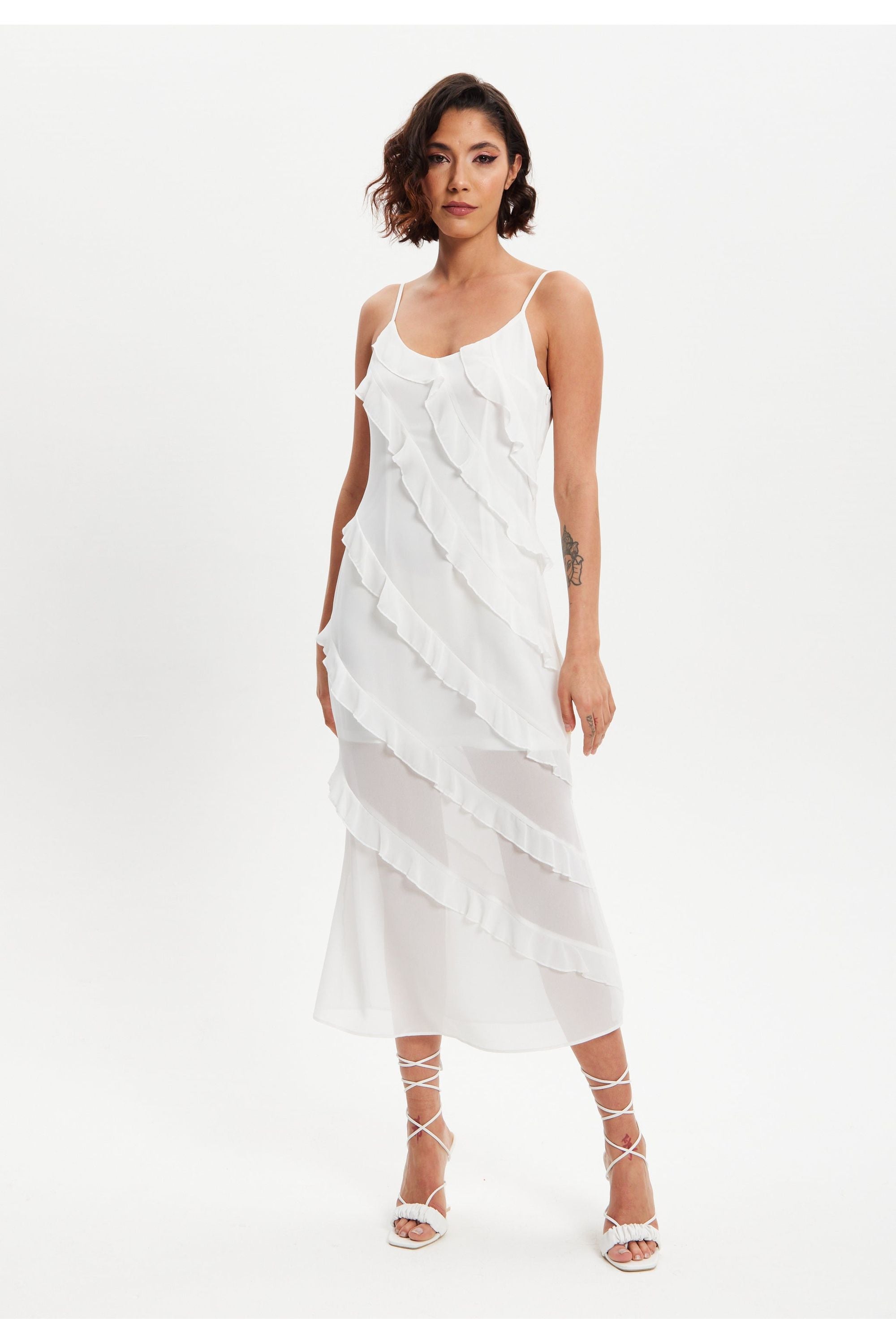 Diagonal Frill Strap Midi Dress In White DML009002