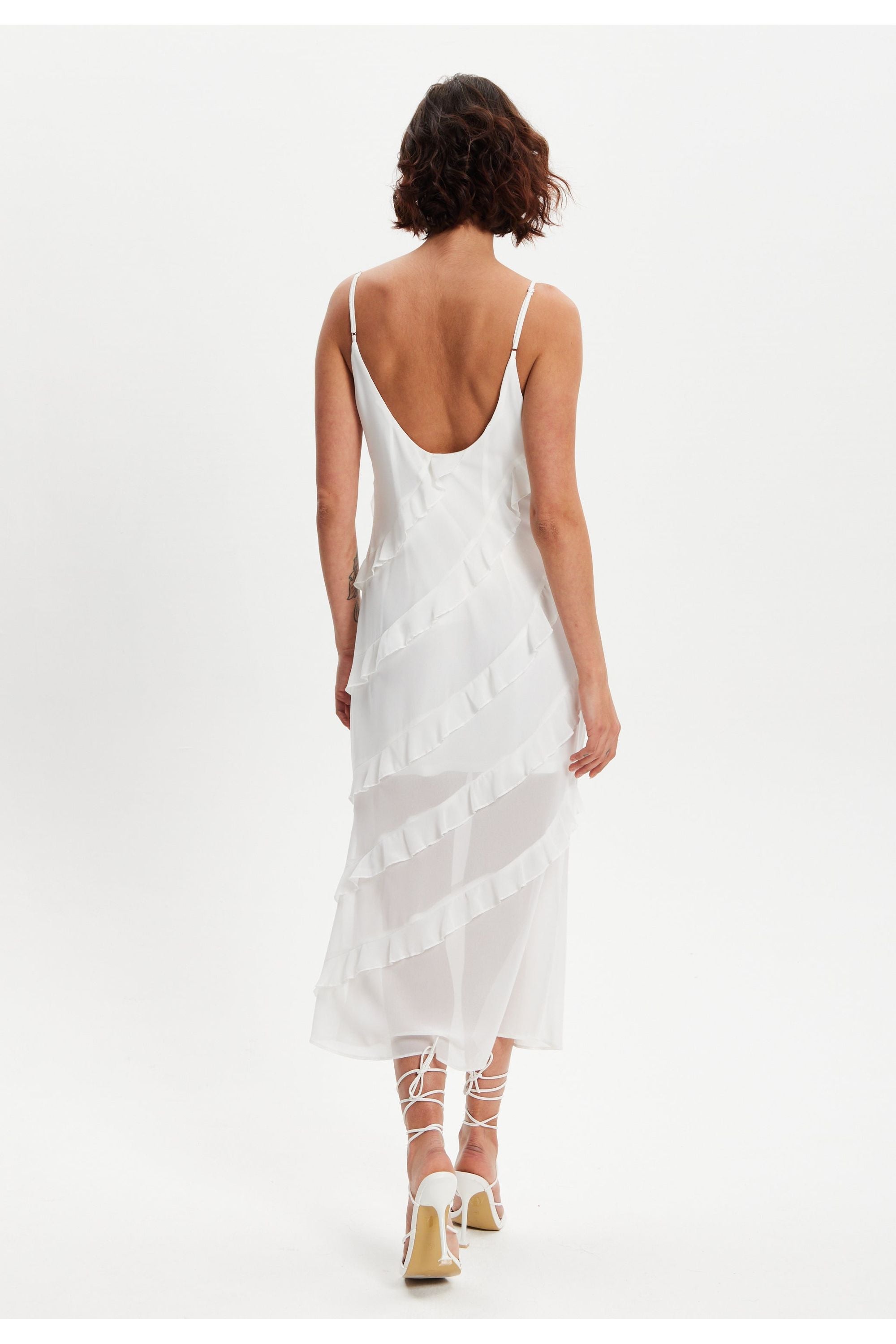 Diagonal Frill Strap Midi Dress In White DML009002