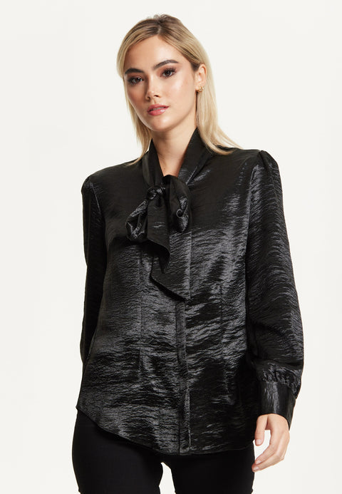 Black Satin Pussy-Bow Blouse by Liquorish