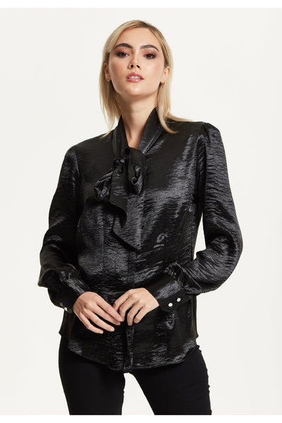 Black - Black Satin Pussy-Bow Blouse by Liquorish
