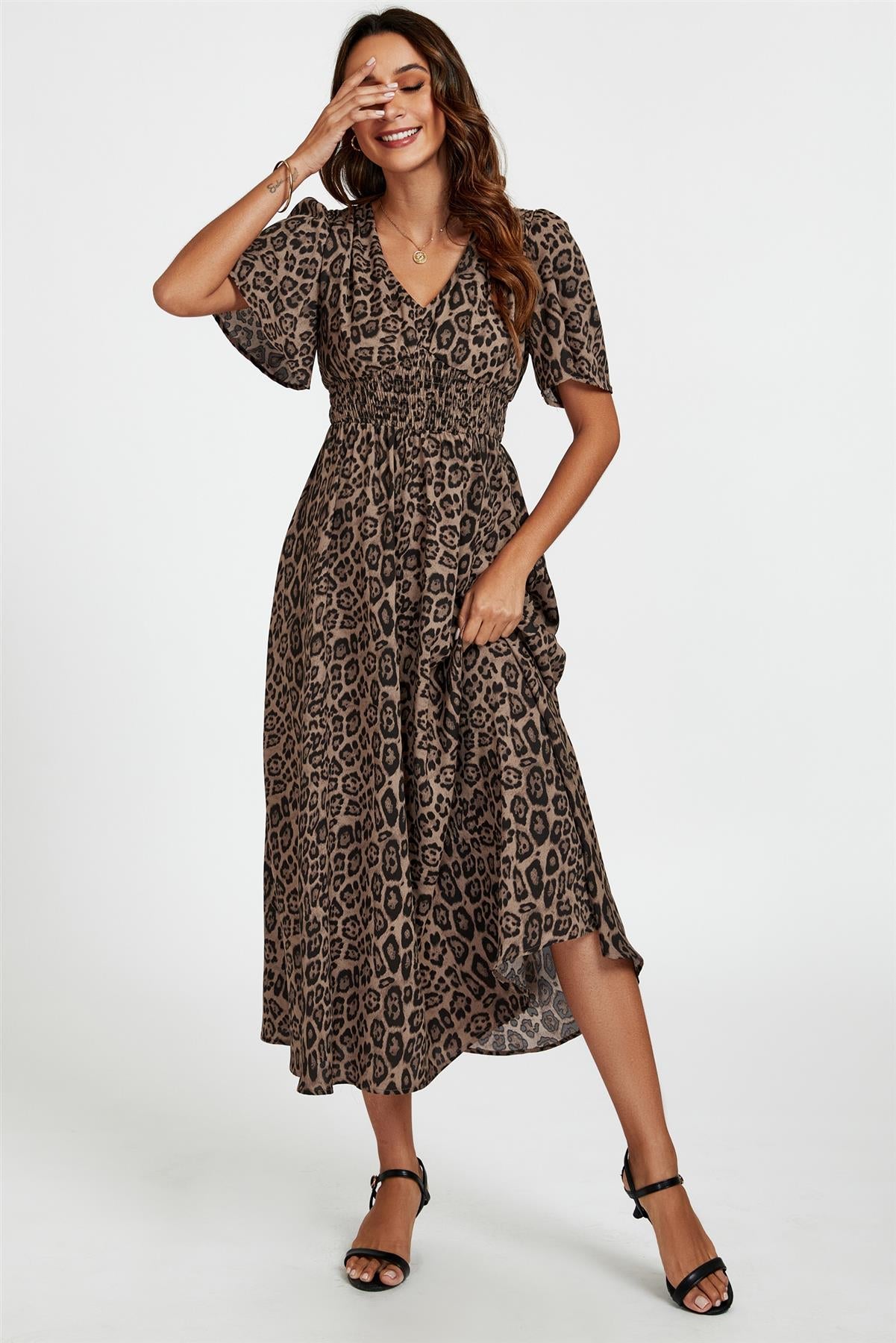 Leopard Print V Neck Midi Dress In Brown FS763-BrownLeopard