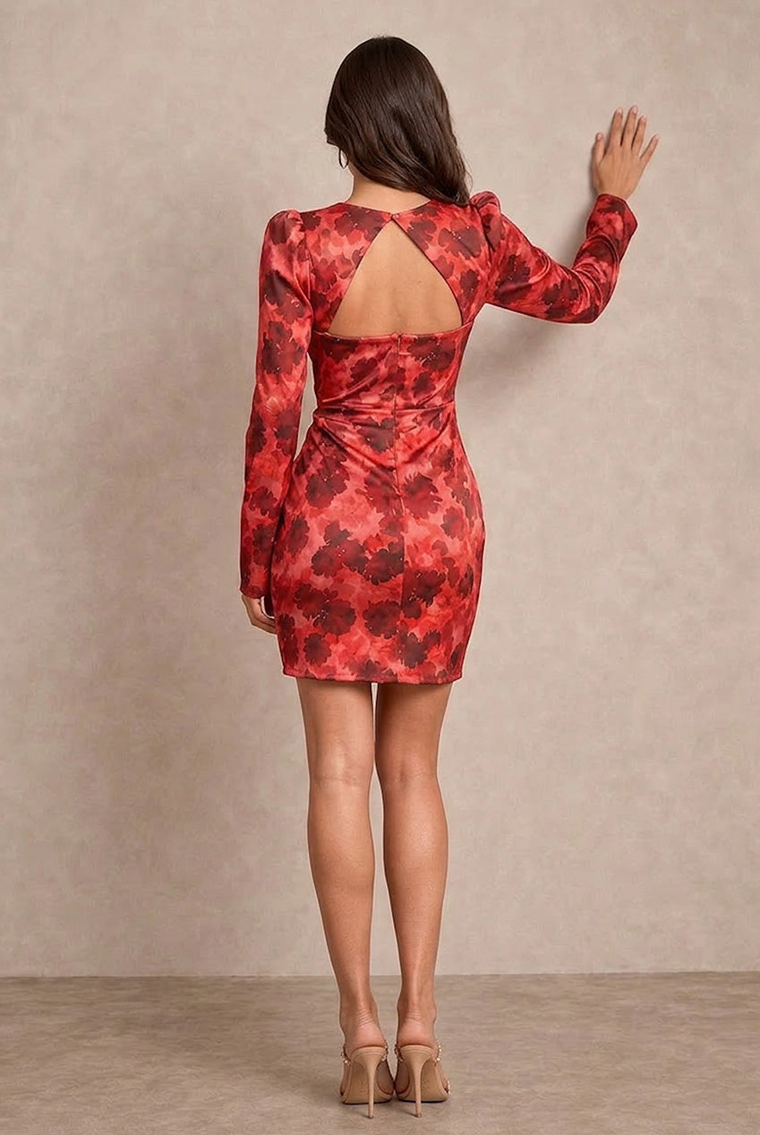 Long Sleeve Corset Style Floral Mini Dress In Red 53363TRE