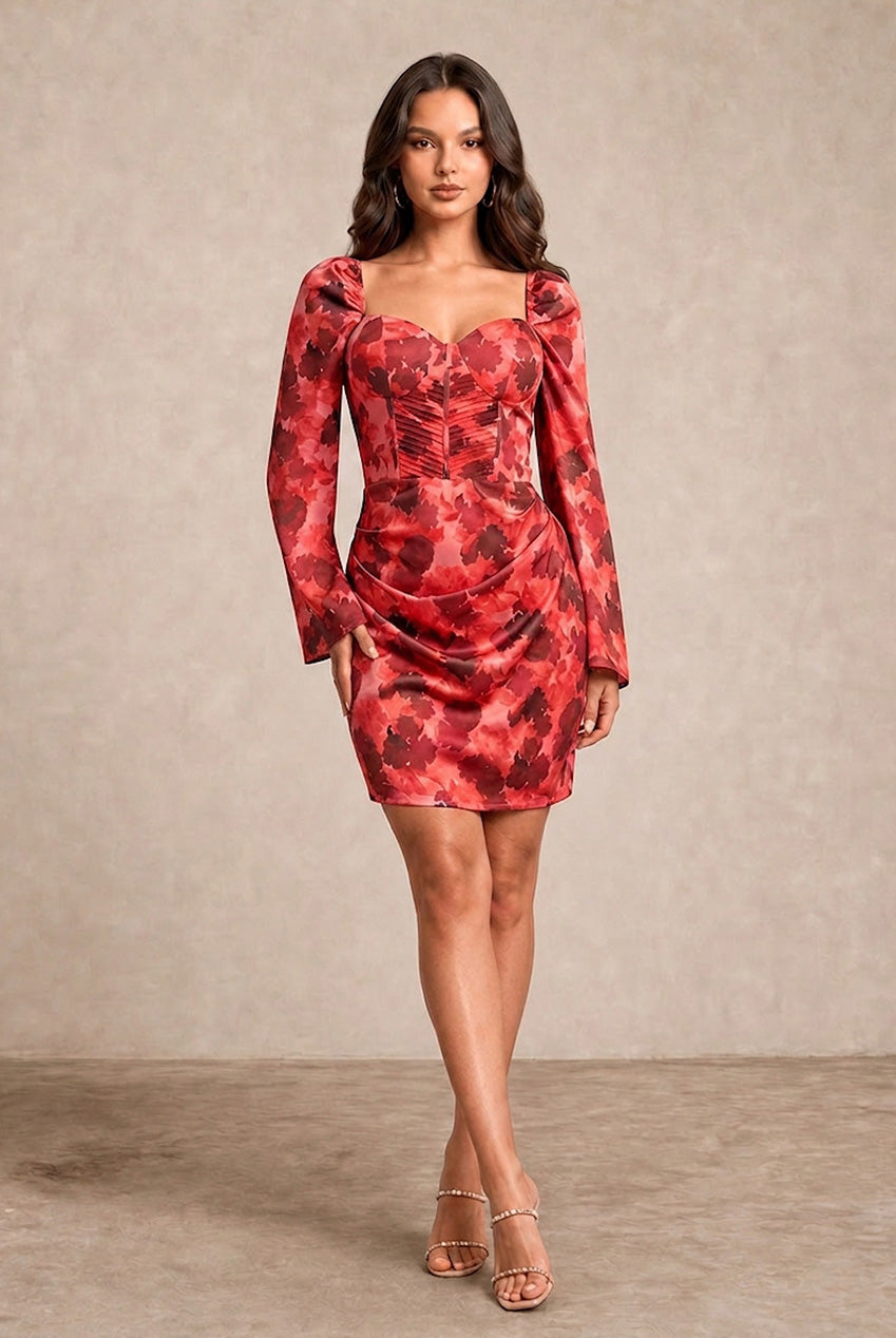 Long Sleeve Corset Style Floral Mini Dress In Red 53363TRE
