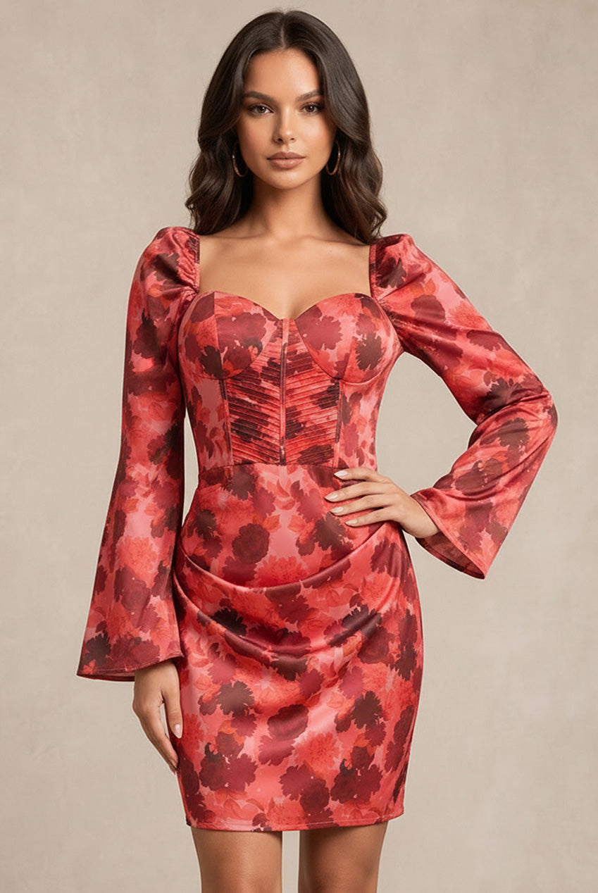 Long Sleeve Corset Style Floral Mini Dress In Red 53363TRE
