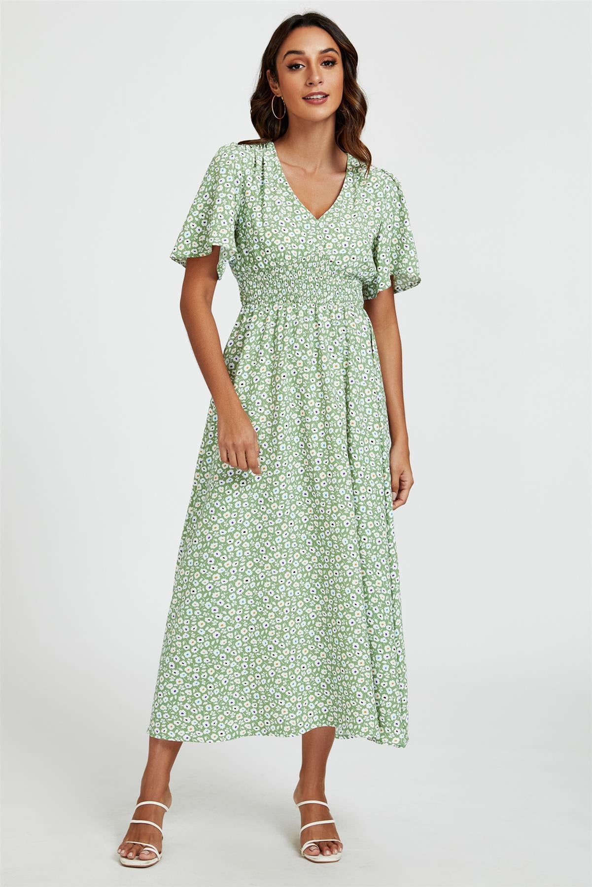 Multi Floral Print V Neck Midi Dress In Green FS763-GMF