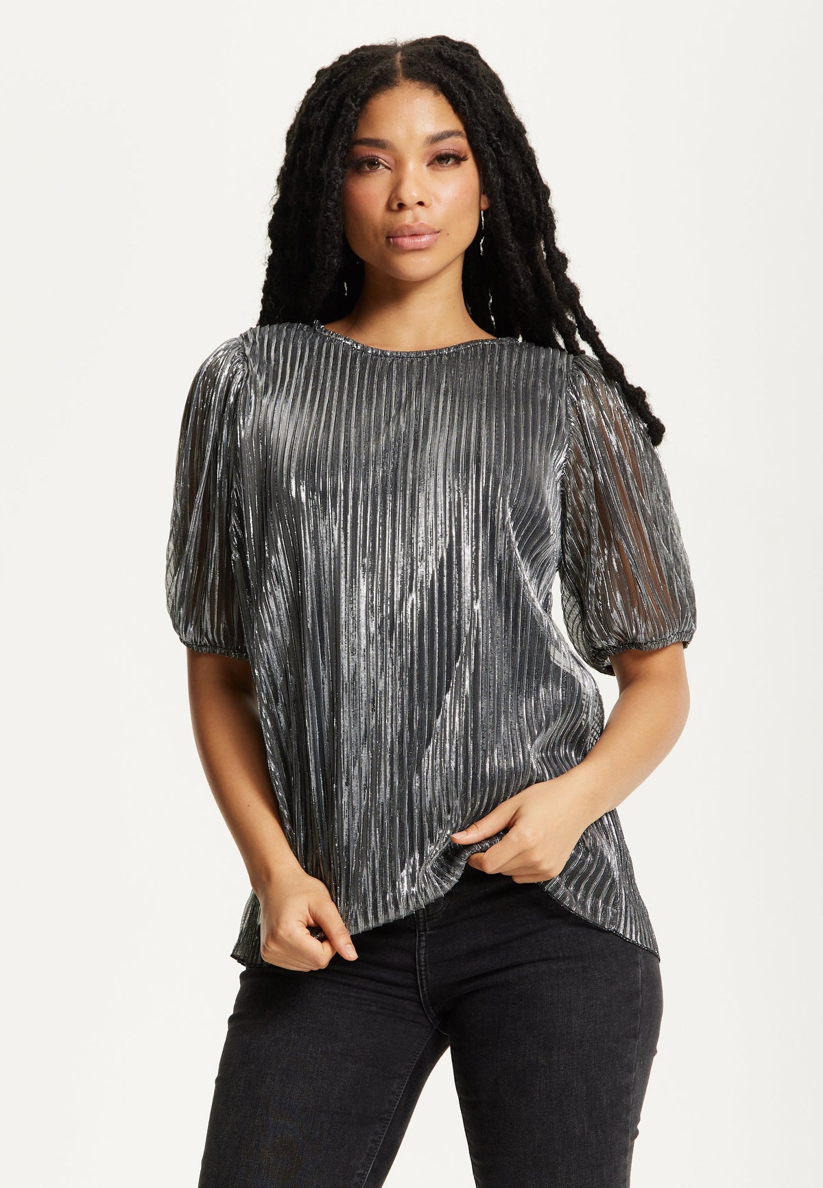 Metallic Pleated Puff Sleeve Top 25AW-53016