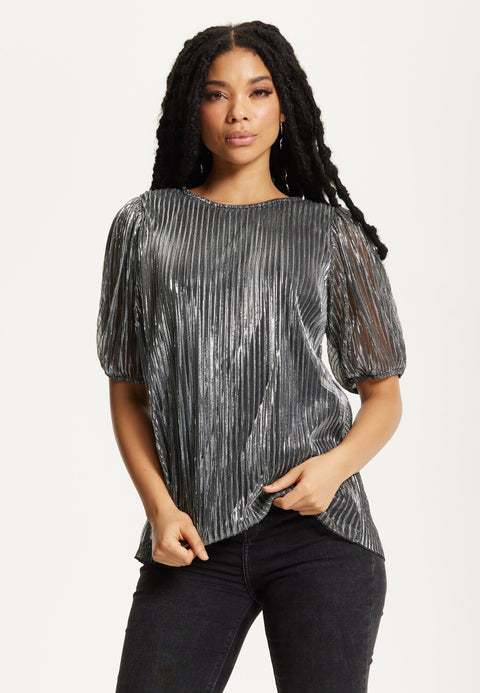 Metallic Pleated Puff Sleeve Top by Liquorish