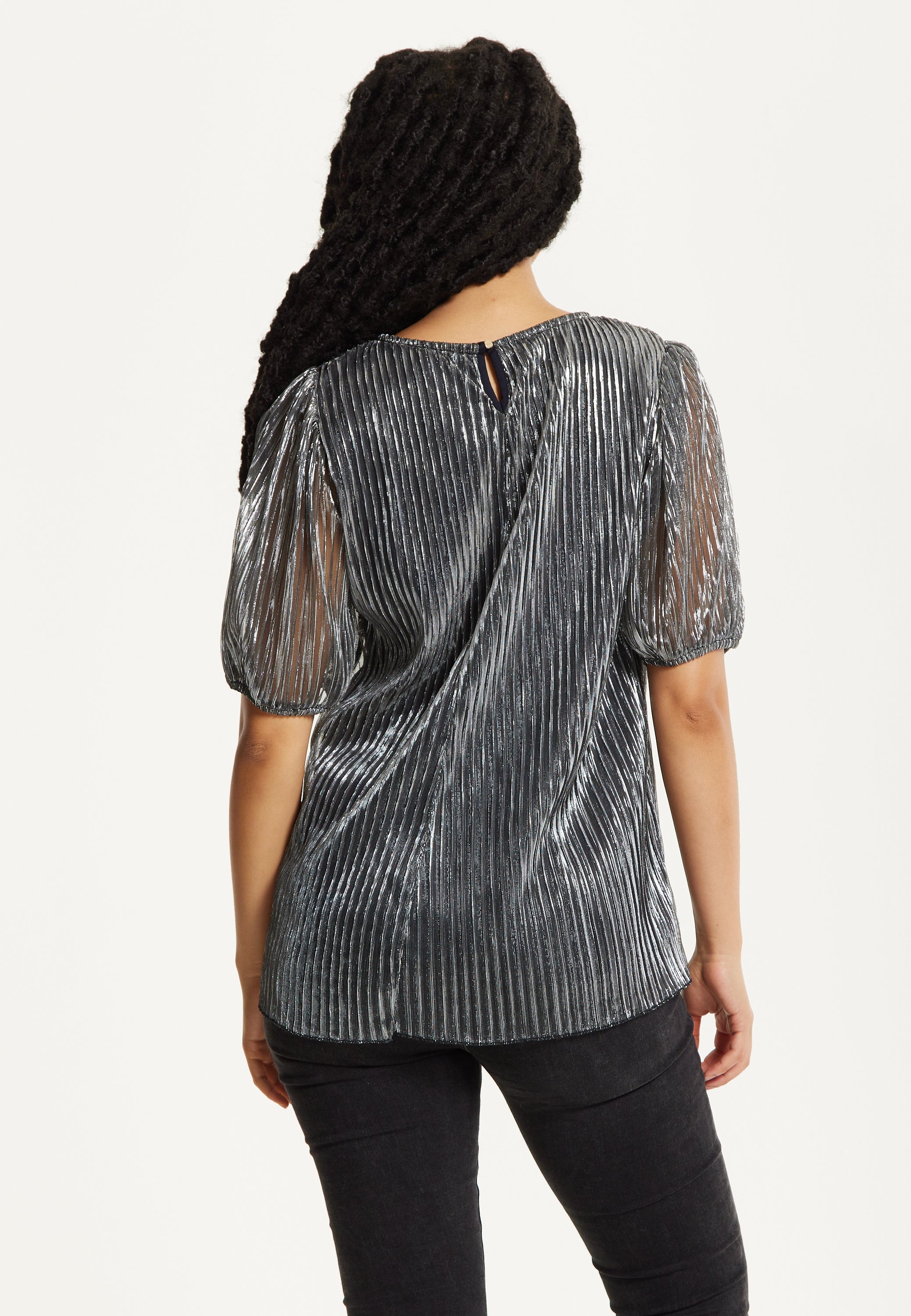 Metallic Pleated Puff Sleeve Top 25AW-53016