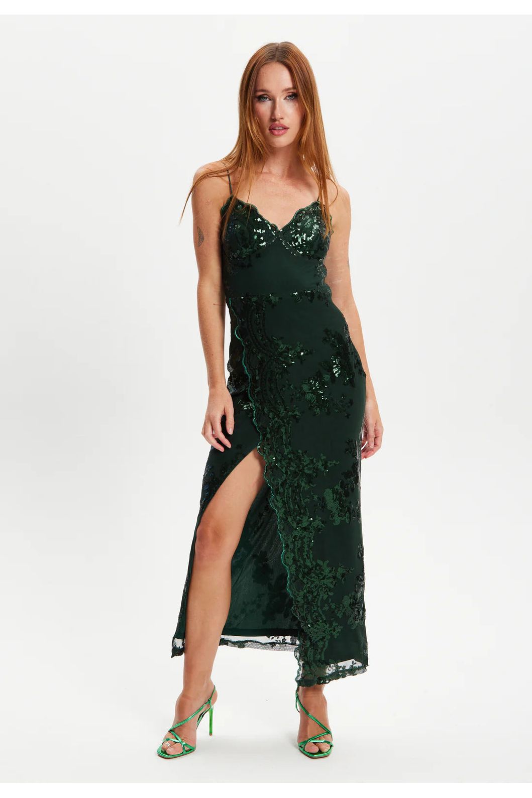Forest Green Sequin Maxi Dress With Long Slit LIQPARTY006