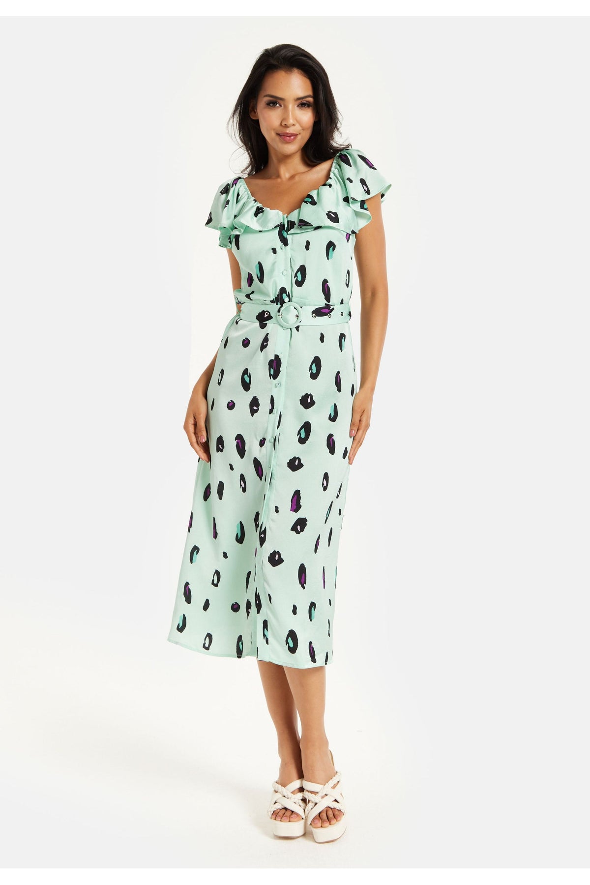 Belted Midi Dress With Off Shoulder Sleeves In Mint Animal Print JEN30233