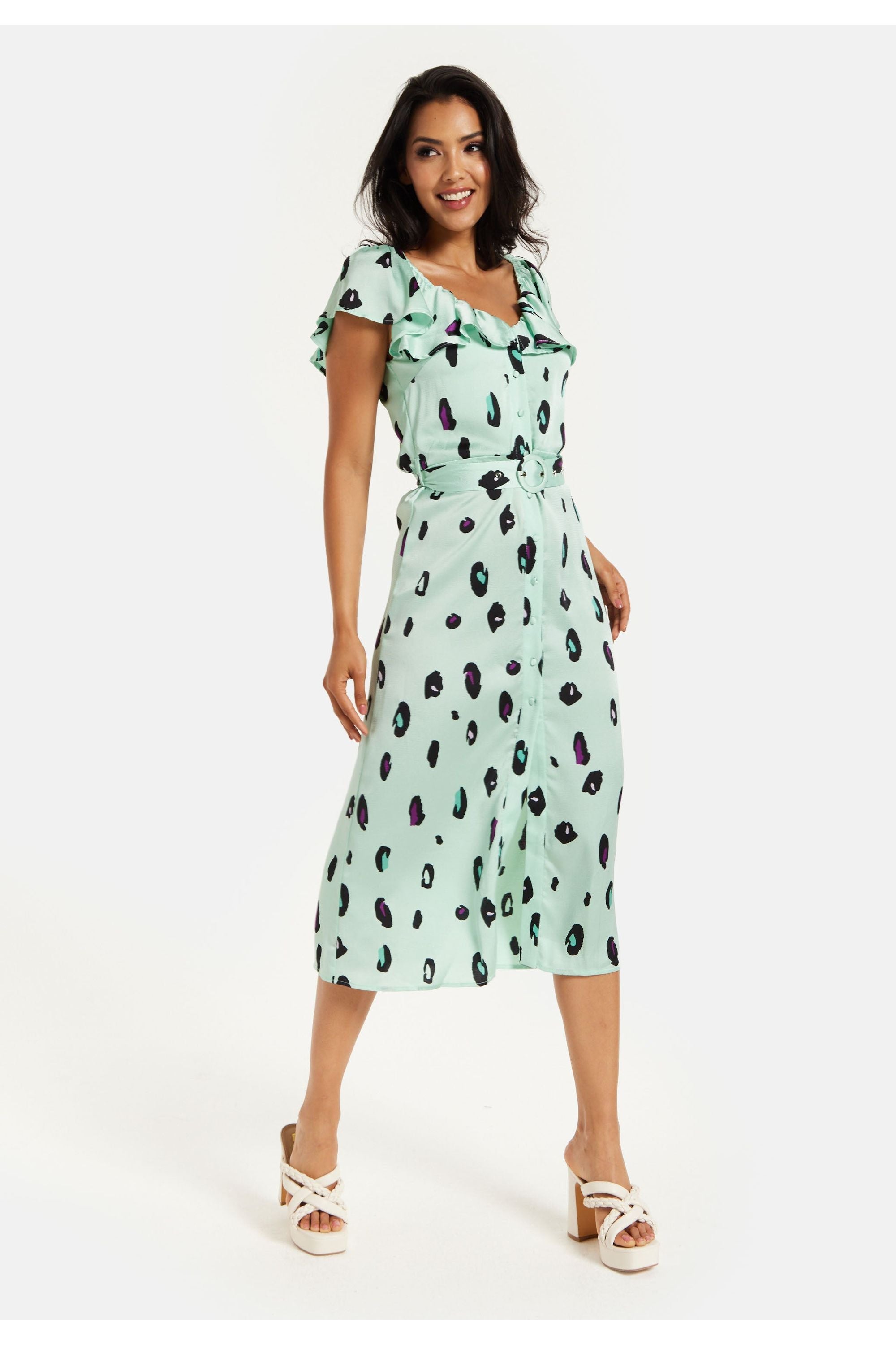 Belted Midi Dress With Off Shoulder Sleeves In Mint Animal Print JEN30233