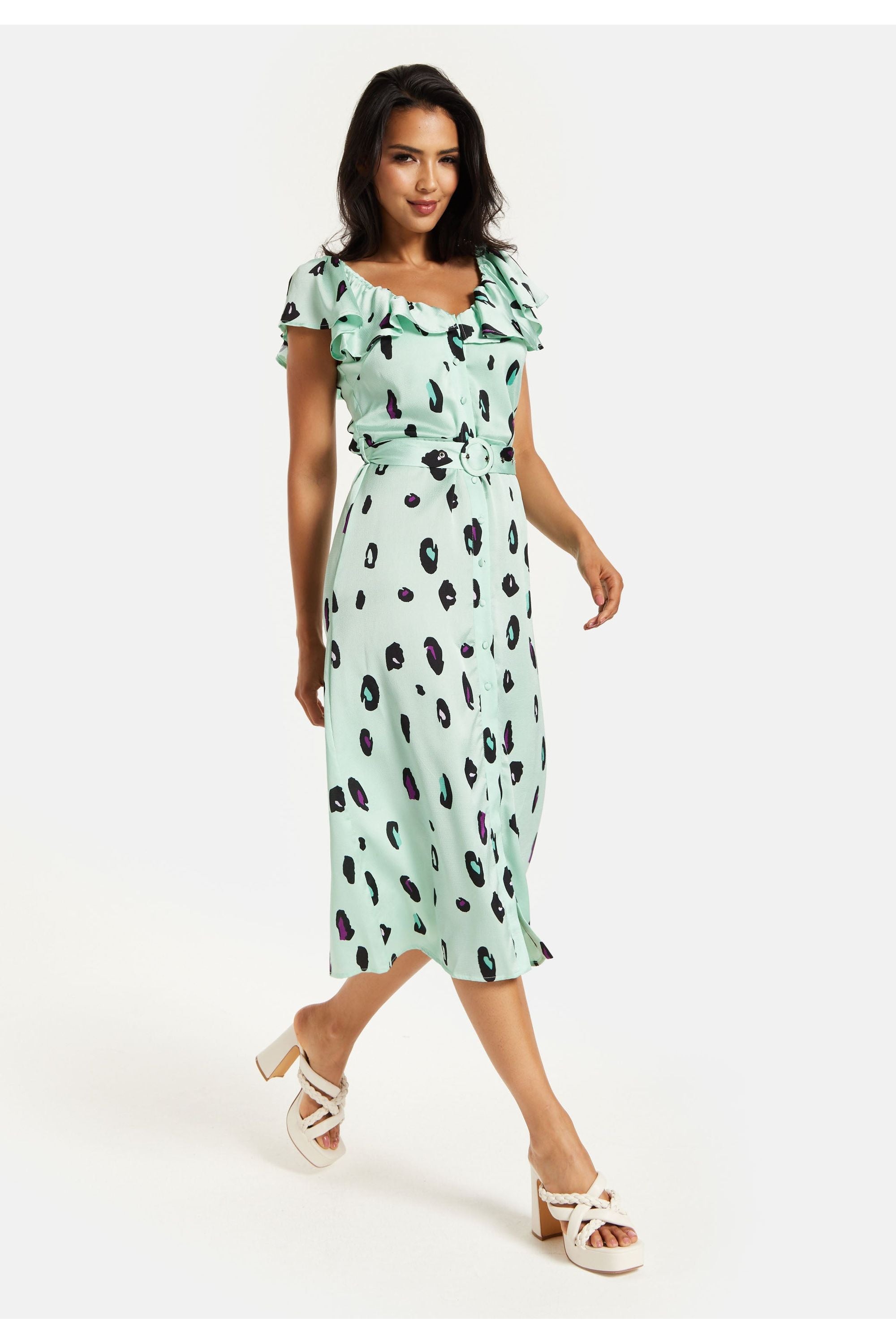 Belted Midi Dress With Off Shoulder Sleeves In Mint Animal Print JEN30233