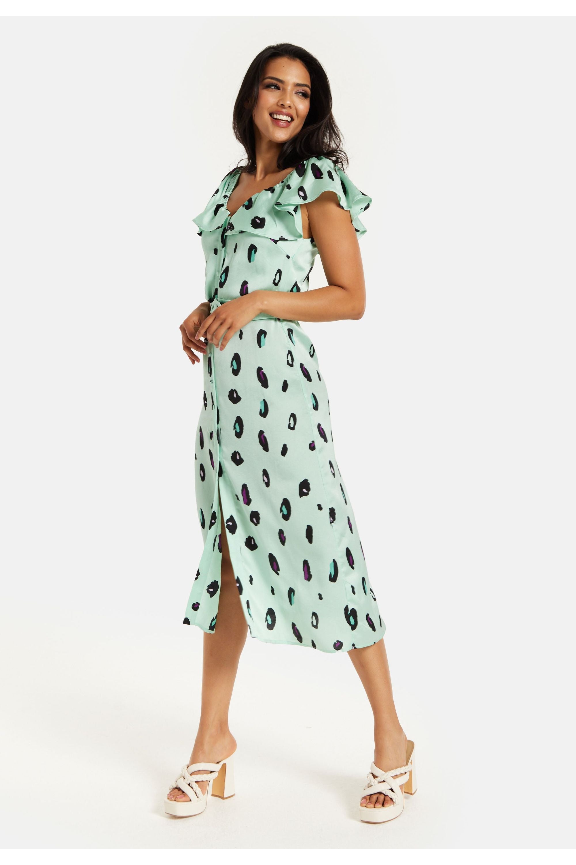 Belted Midi Dress With Off Shoulder Sleeves In Mint Animal Print JEN30233