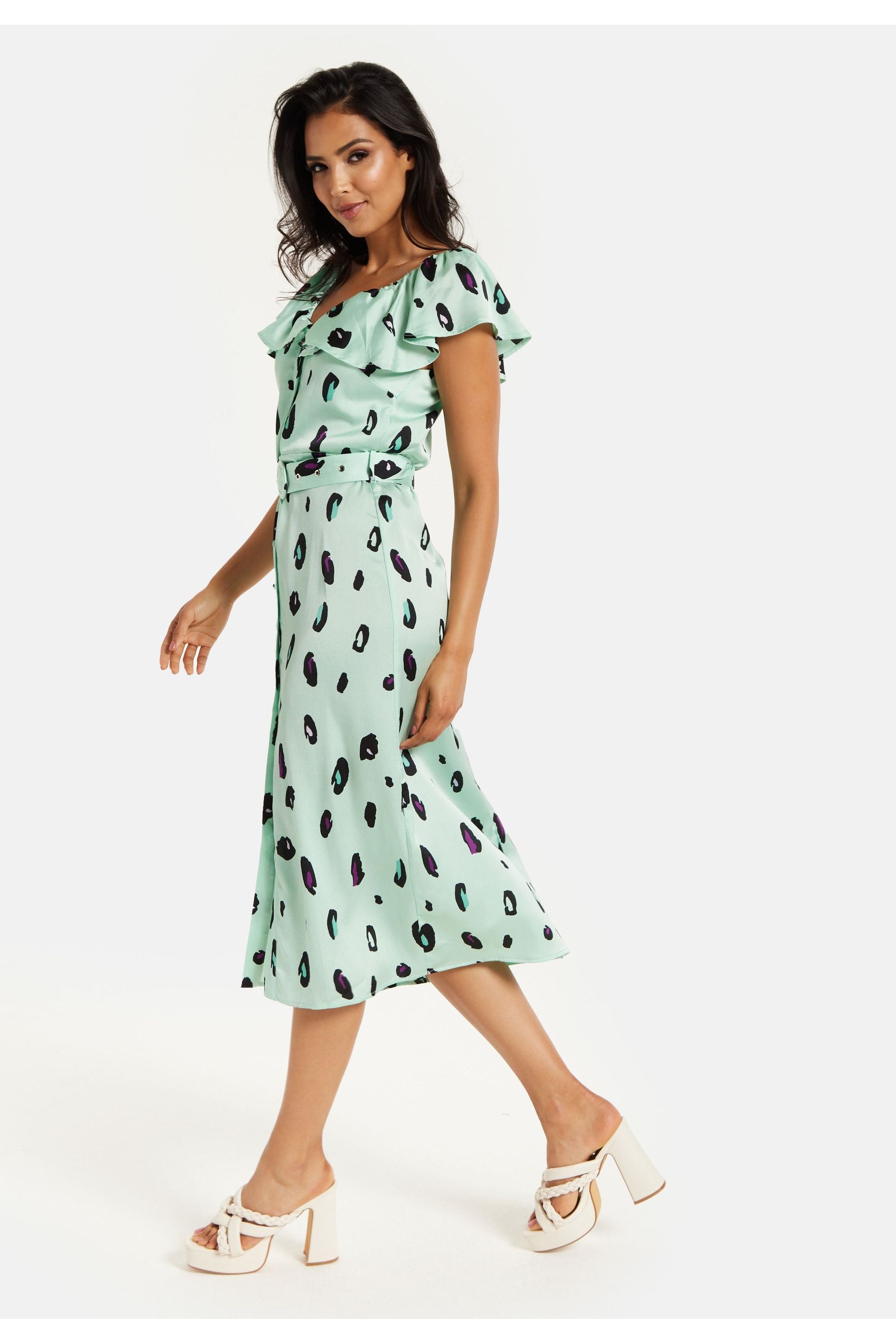 Belted Midi Dress With Off Shoulder Sleeves In Mint Animal Print JEN30233