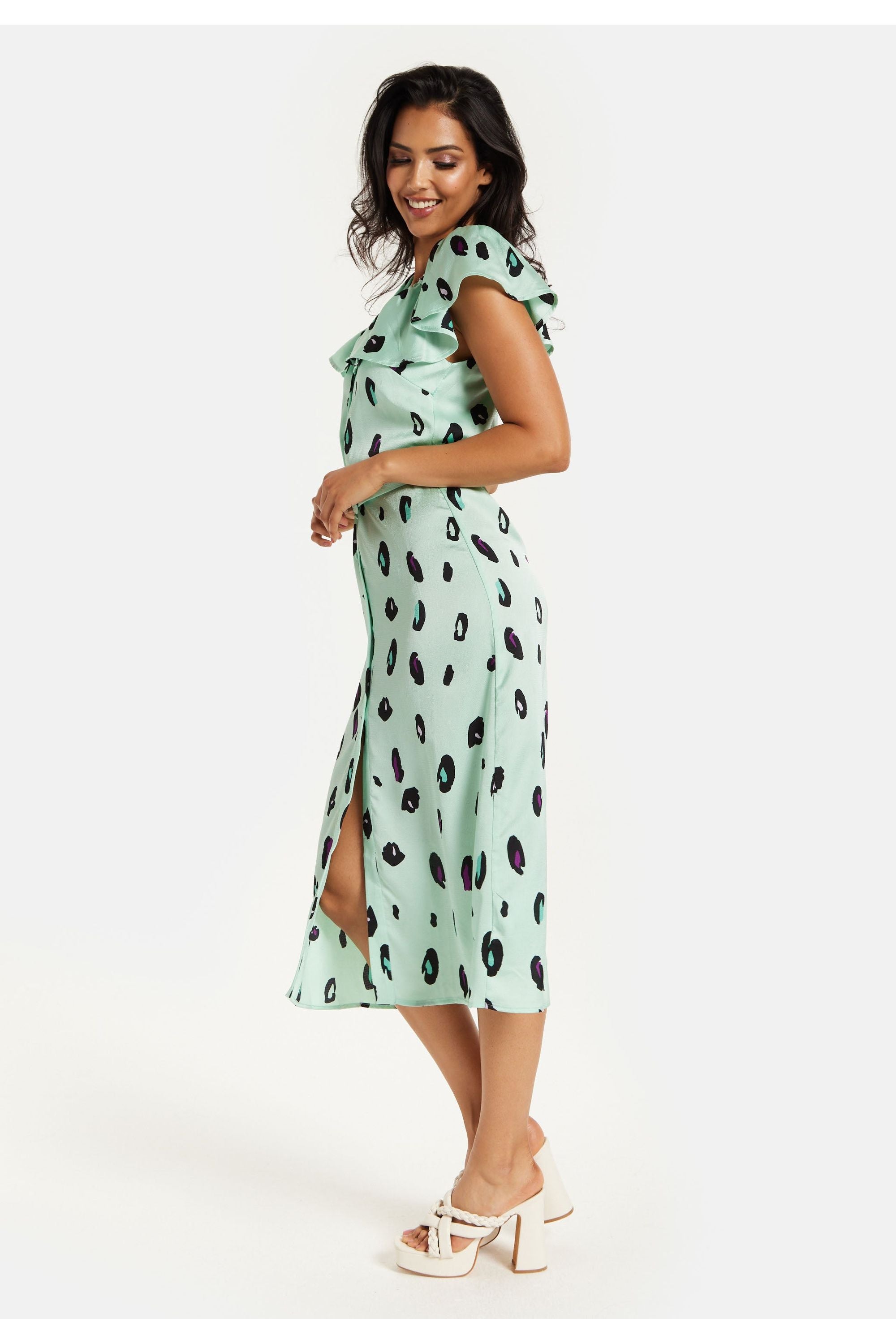 Belted Midi Dress With Off Shoulder Sleeves In Mint Animal Print JEN30233