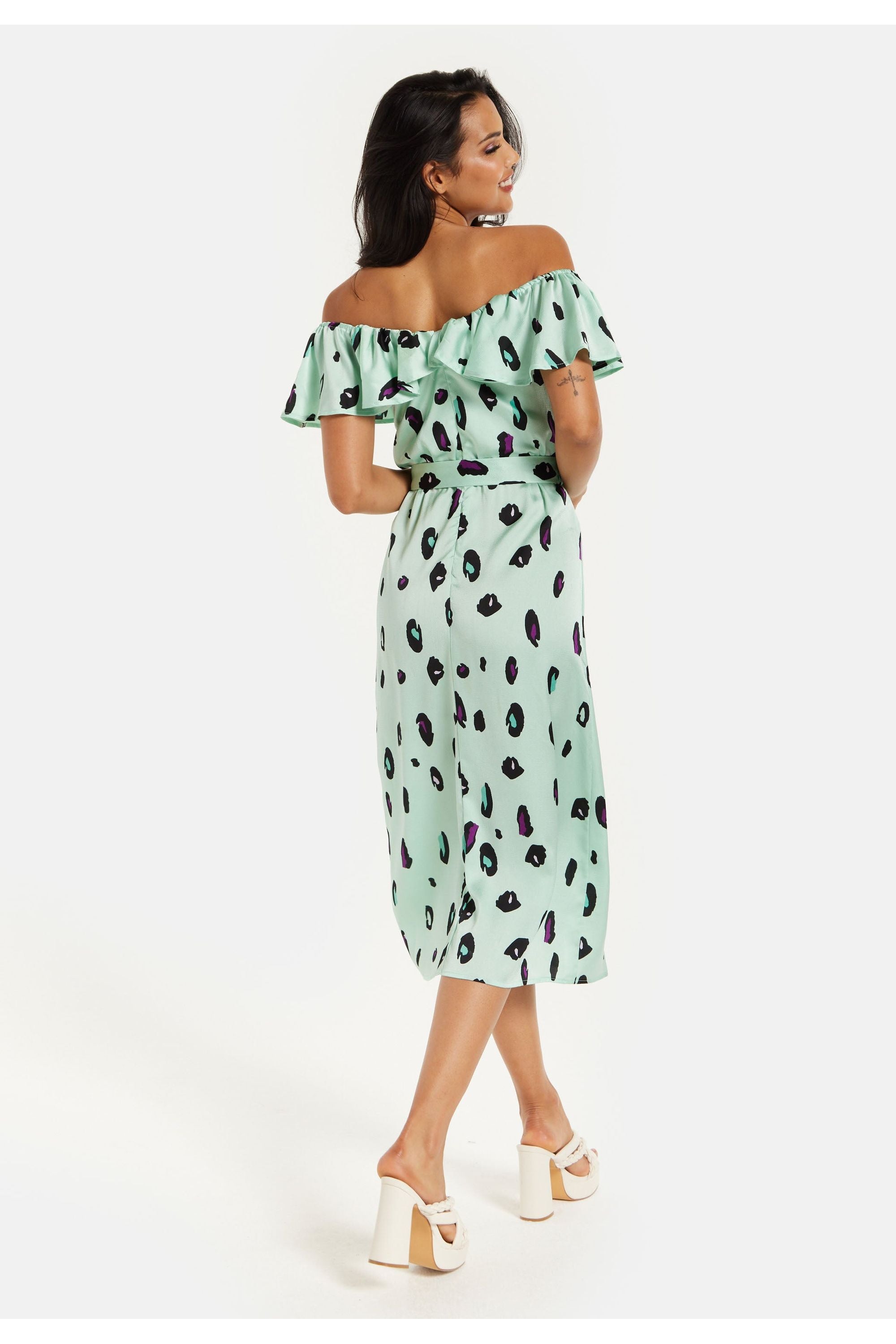 Belted Midi Dress With Off Shoulder Sleeves In Mint Animal Print JEN30233