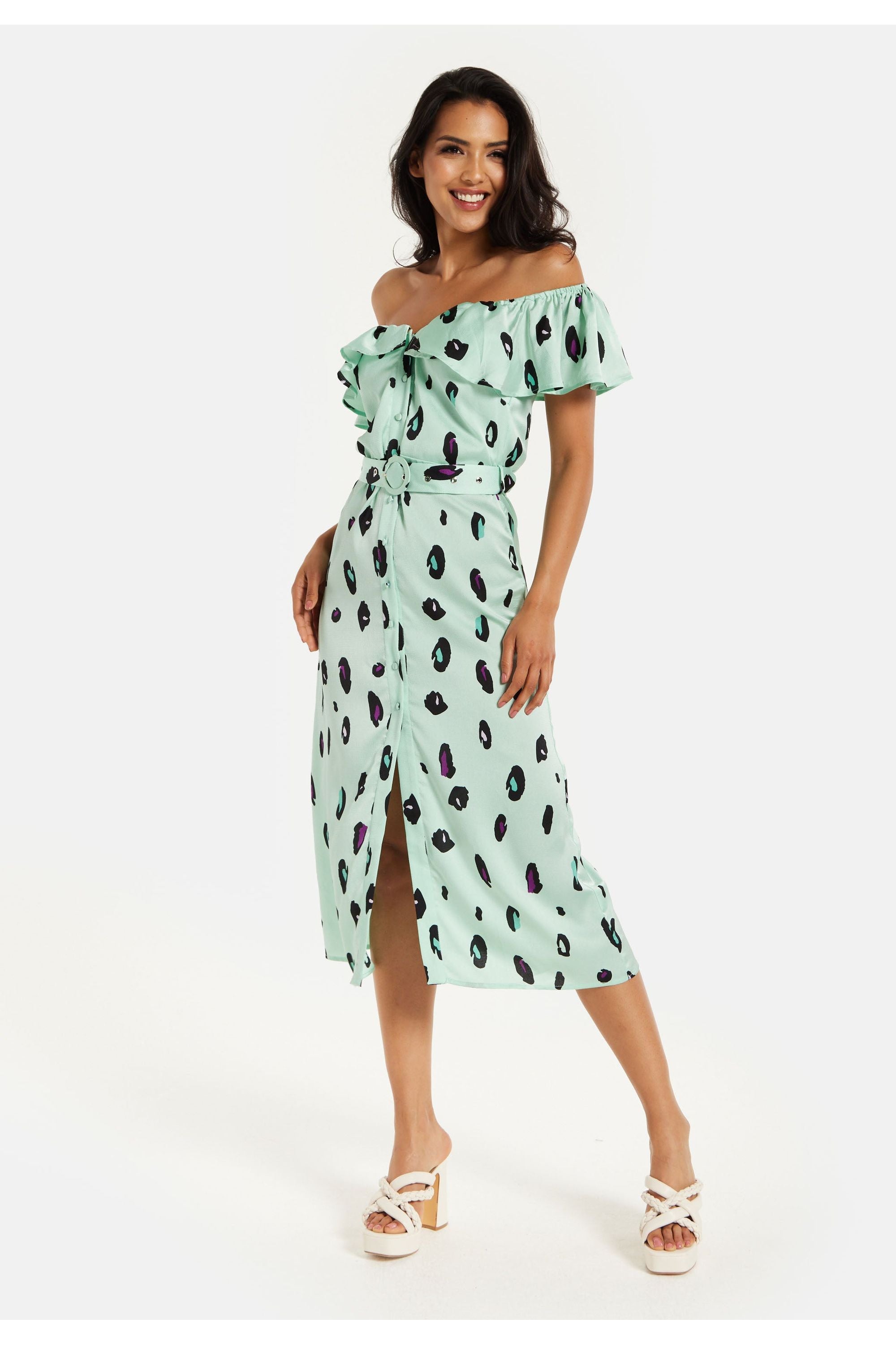 Belted Midi Dress With Off Shoulder Sleeves In Mint Animal Print JEN30233