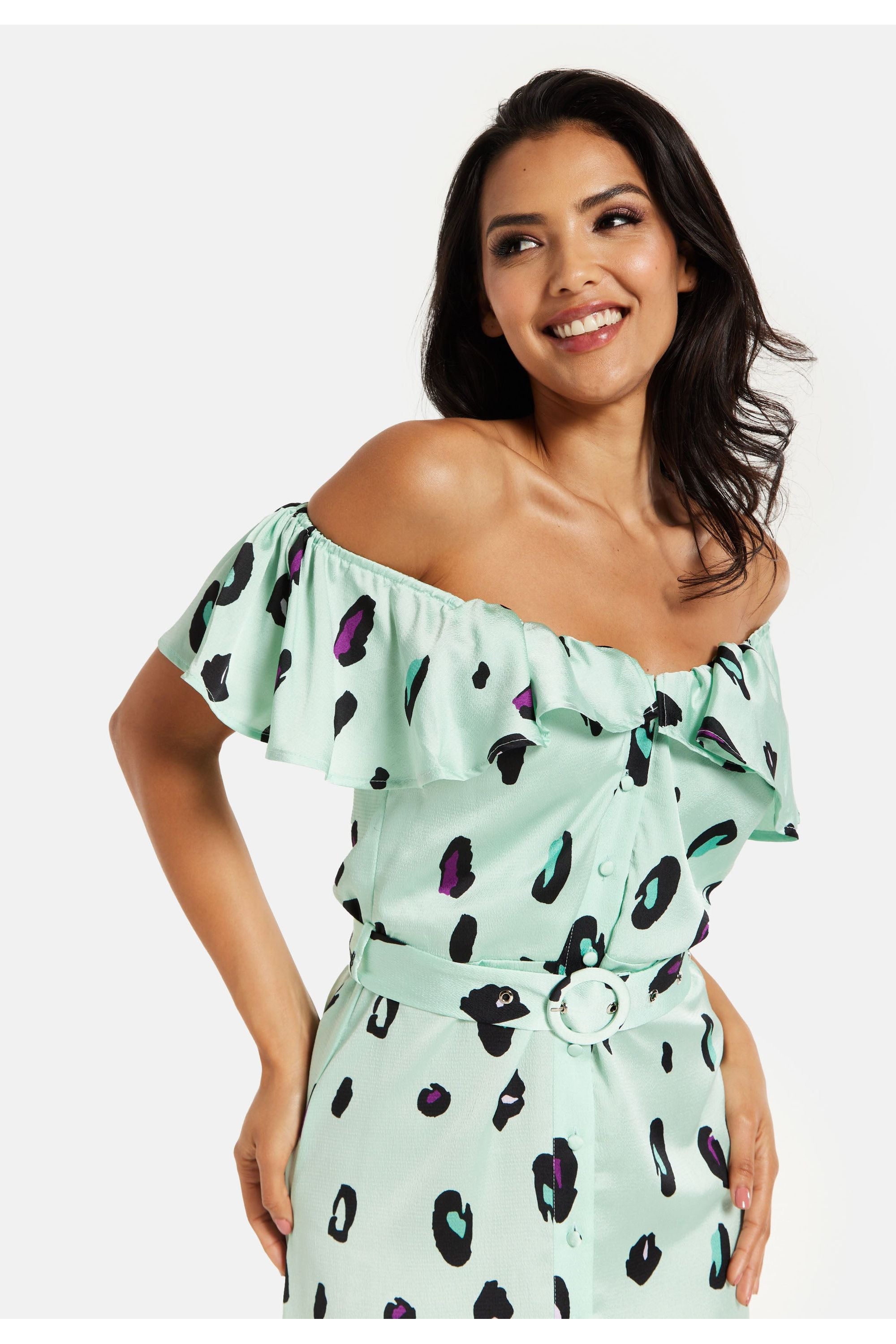 Belted Midi Dress With Off Shoulder Sleeves In Mint Animal Print JEN30233