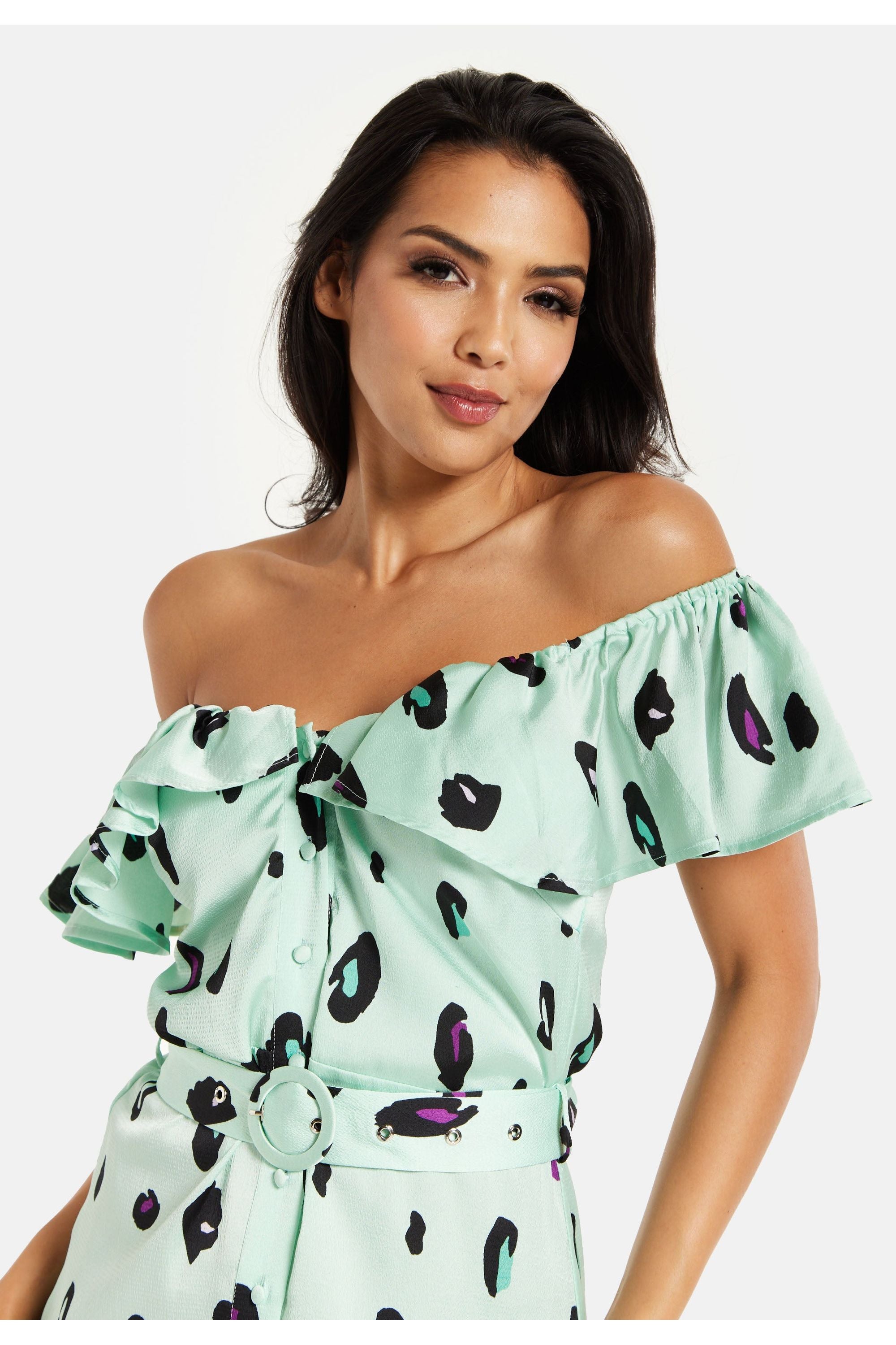 Belted Midi Dress With Off Shoulder Sleeves In Mint Animal Print JEN30233