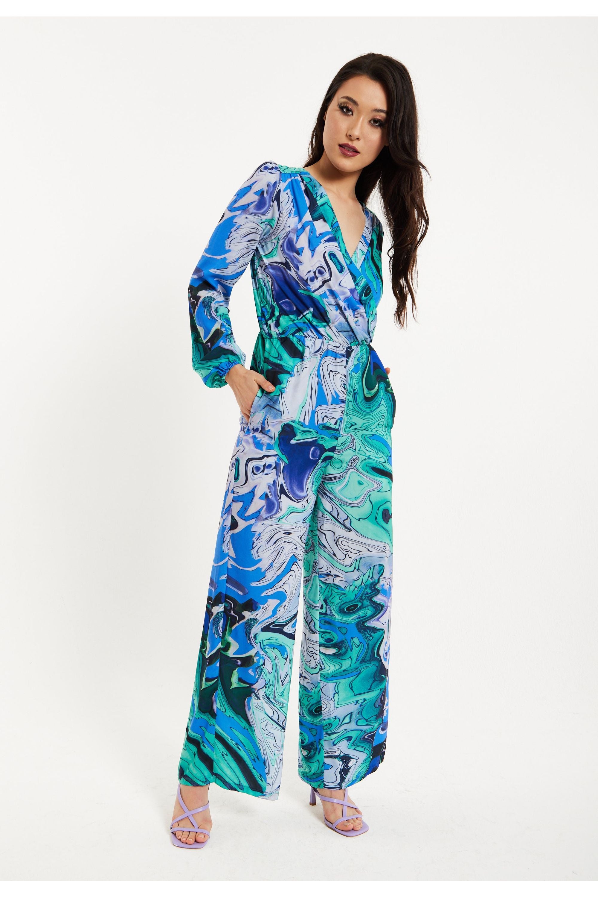 Turquoise Marble Print Jumpsuit LIQ23AW085