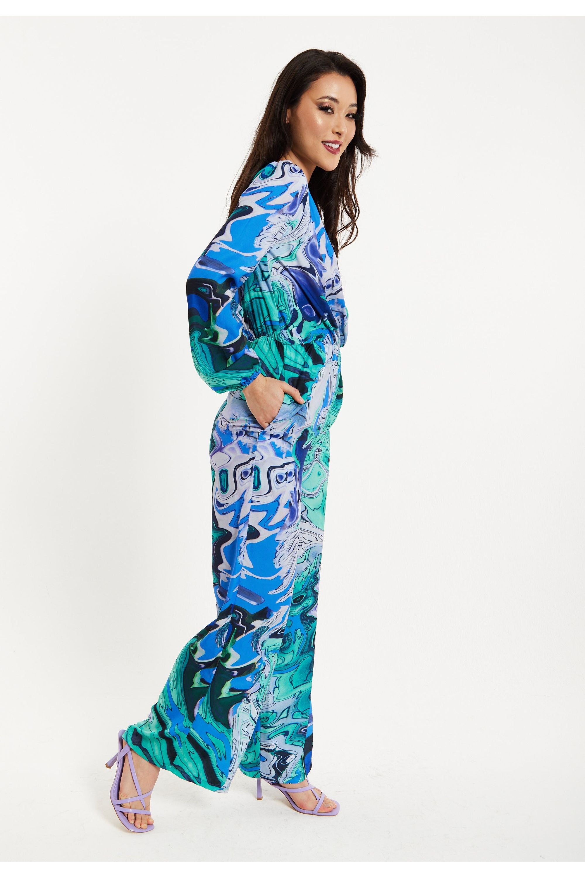 Turquoise Marble Print Jumpsuit LIQ23AW085