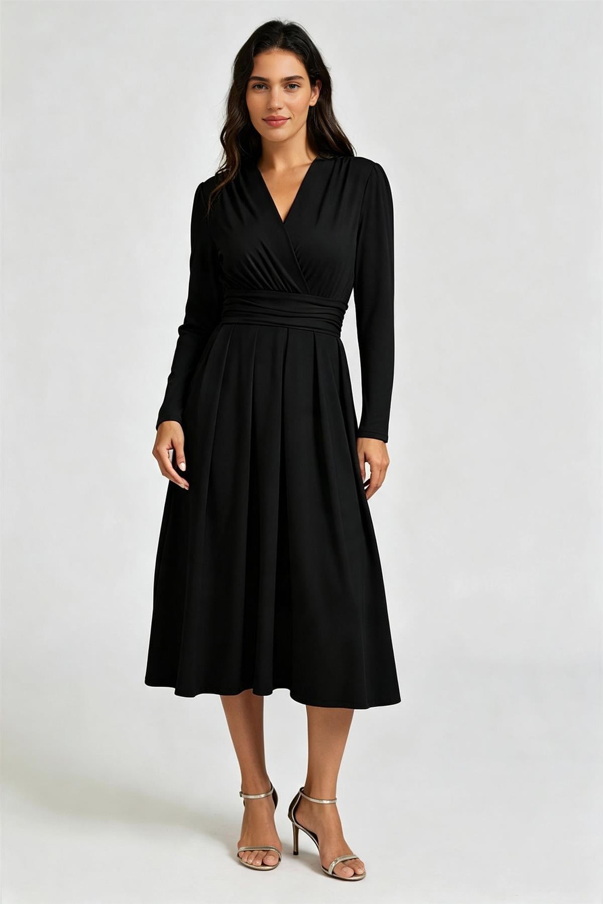 Jersey Long Sleeve Midi Dress In Black FS896