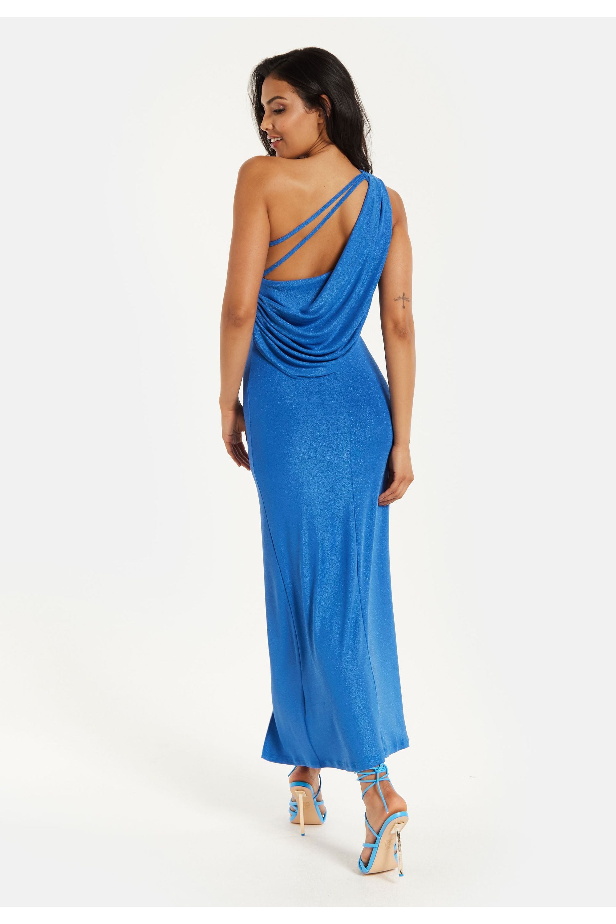 Blue Lurex One Shoulder Jersey Maxi Dress With Long Slit LIQPARTY010