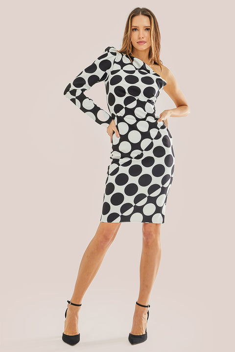 One Sleeve Midi Dress In Black White Spot Print by Liquorish