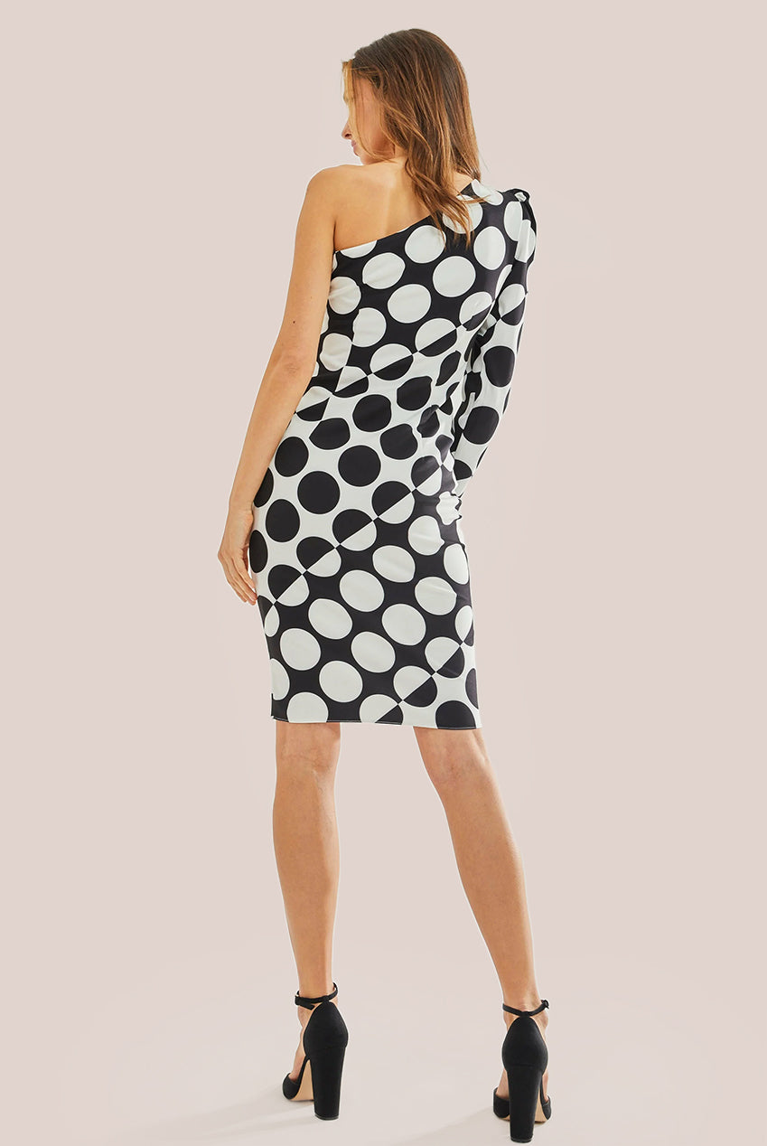 One Sleeve Midi Dress In Black White Spot Print 56041