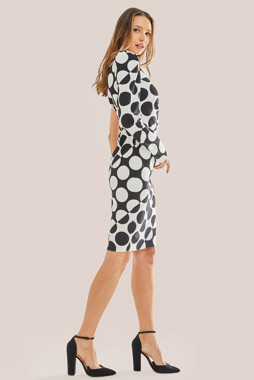 One Sleeve Midi Dress In Black White Spot Print 56041