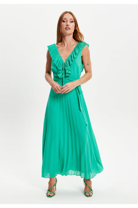 Frilled V Neck Sleeveless Pleated Maxi Dress G1-MSL021