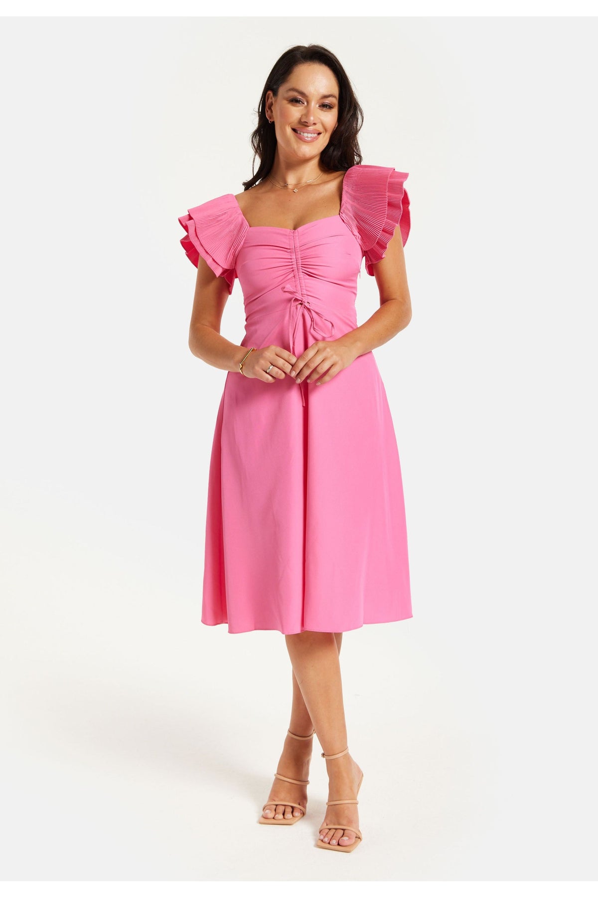 Frill Sleeves Midi Dress In Pink With Ruching Front HOHSS230066LP