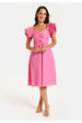 Liquorish Frill Sleeves Midi Dress In Pink With Ruching Front