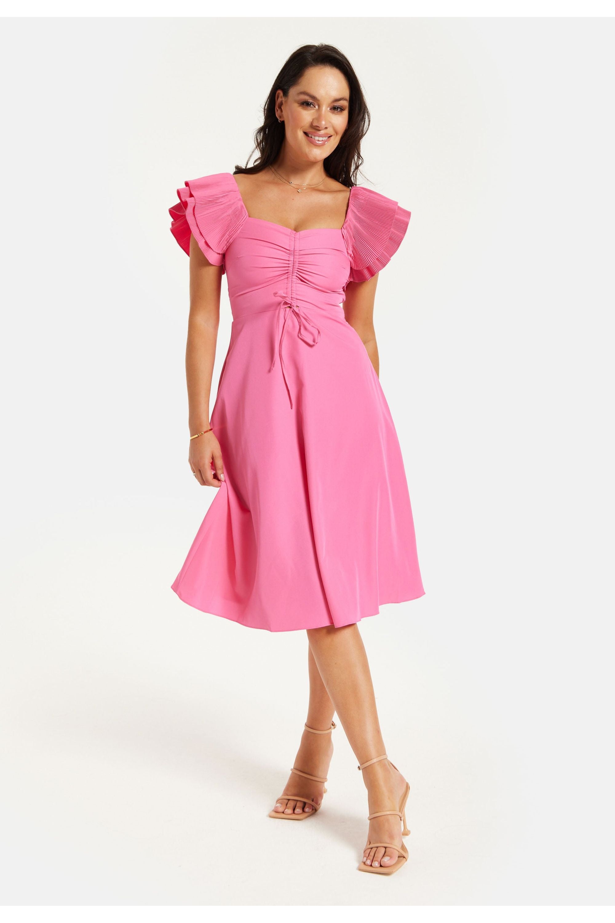 Frill Sleeves Midi Dress In Pink With Ruching Front HOHSS230066LP