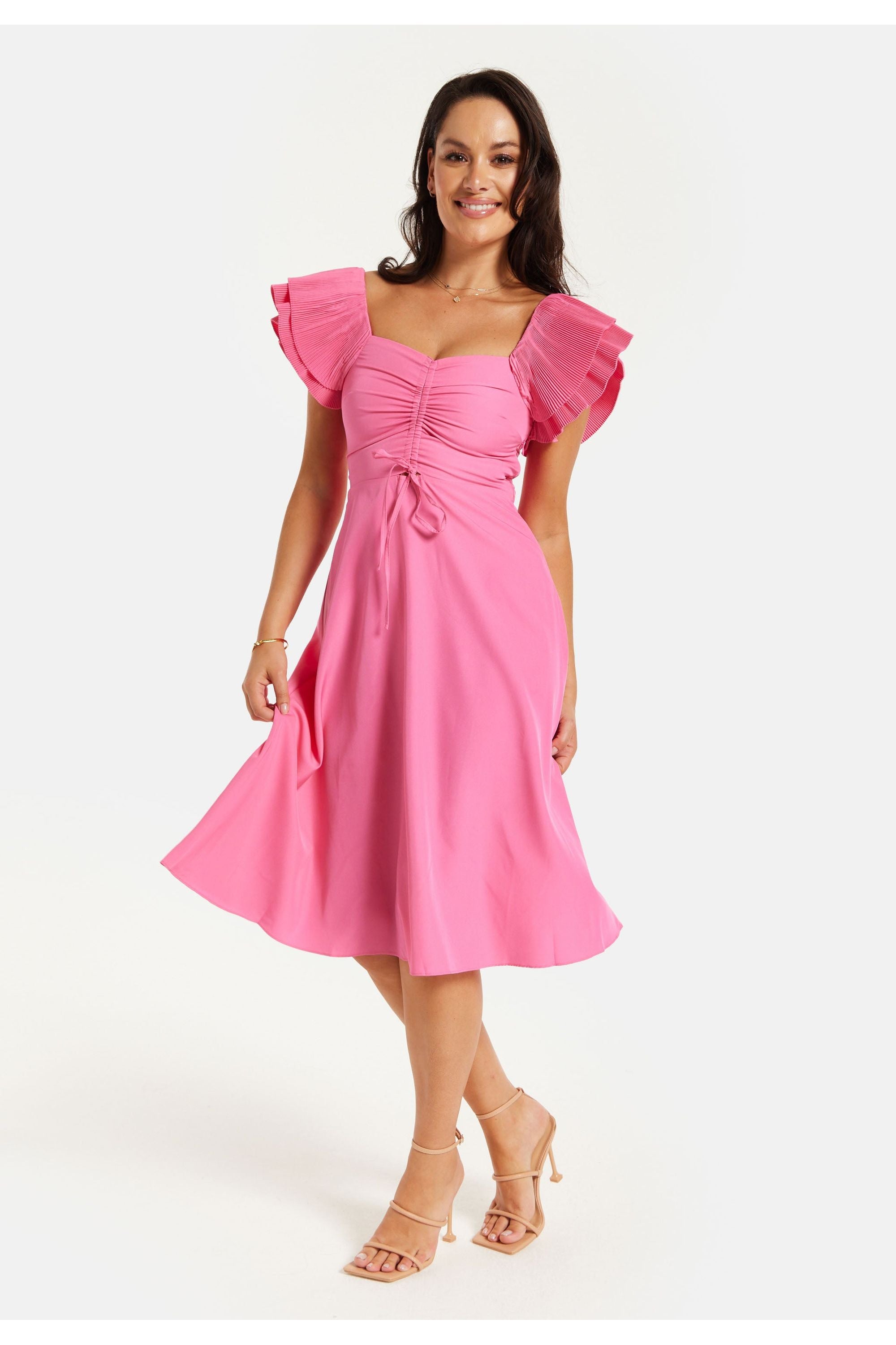 Frill Sleeves Midi Dress In Pink With Ruching Front HOHSS230066LP